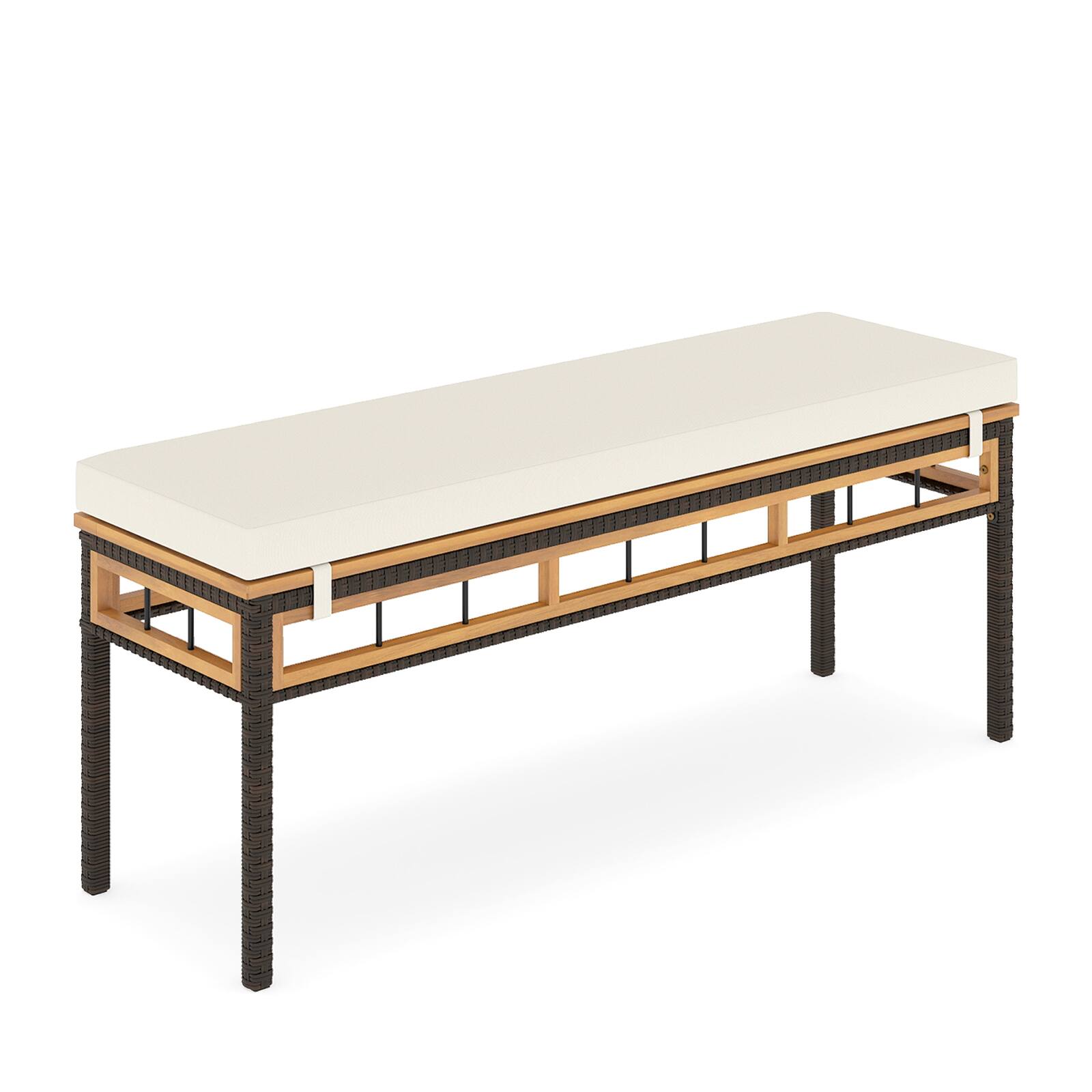 Front. Gymax - Gymax 48'' Wicker Patio Bench w/Acacia Wood Seat Removable Padded Cushion for Garden White Outdoor - White.