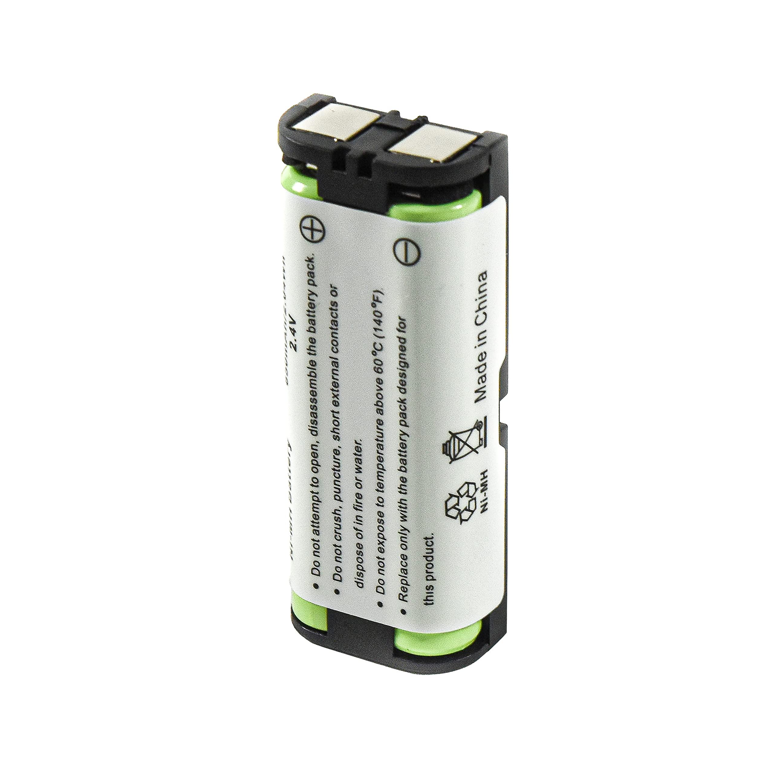 2.4V battery pack. Do not disassemble or open, do not attempt to puncture, crush, or expose to fire. Do not dispose of in water. Do not expose to temperatures above 60°C (140°F). Replace with the battery pack designed for this product. Made in China. Ni-MH