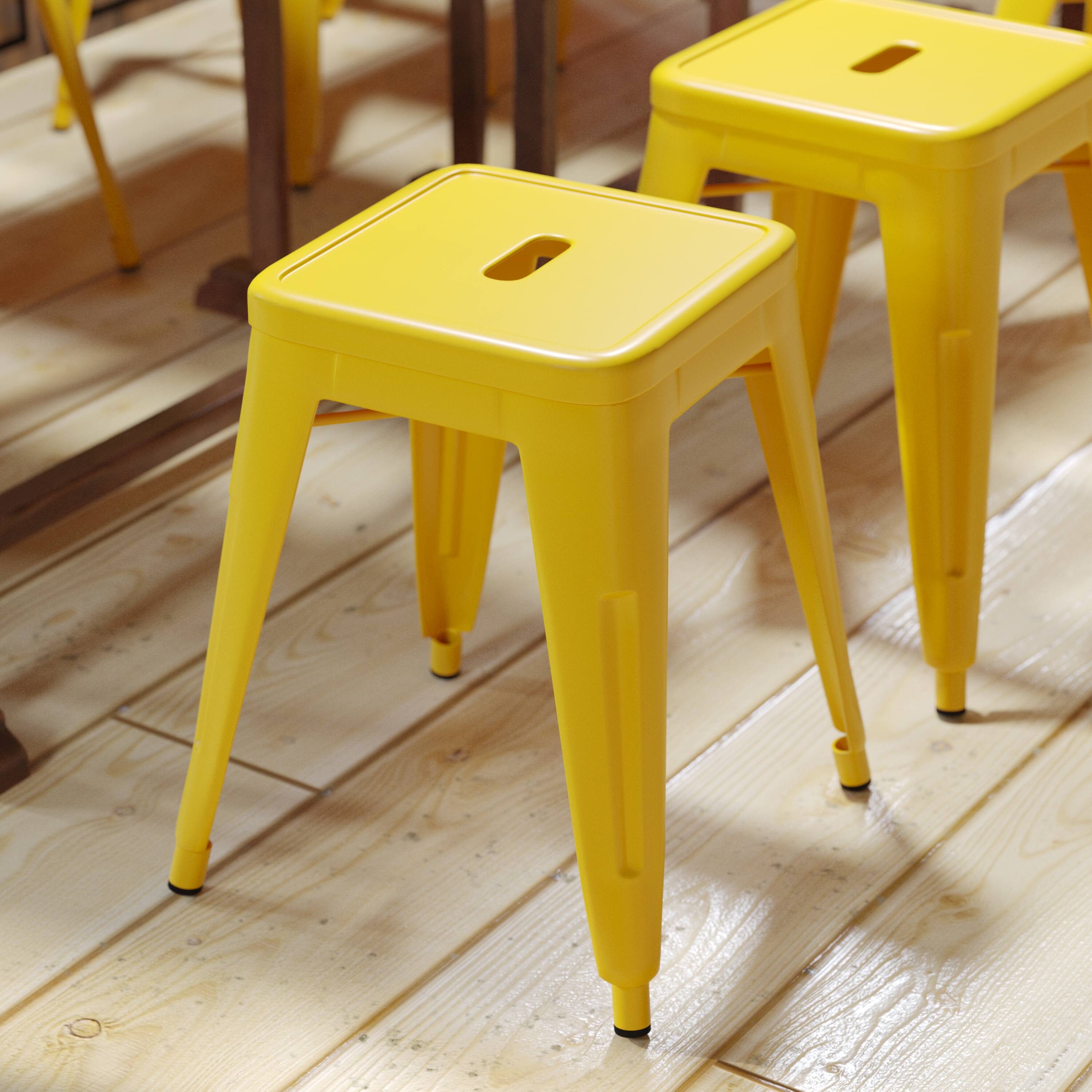 Alt View 4. Emma + Oliver - 18 Inch Table Height Indoor Stackable Metal Dining Stool-Set of 4 - Yellow.