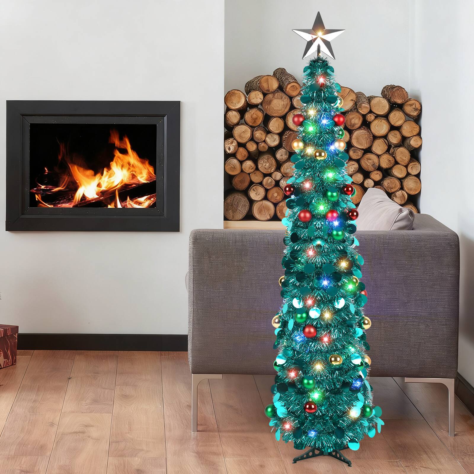 Alt View 2. Oumilen - 5FT Pop‑Up Tinsel Christmas Tree – Pre‑Lit 4‑Color LED Pencil Tree with Star Topper & Ornament Balls - Green.