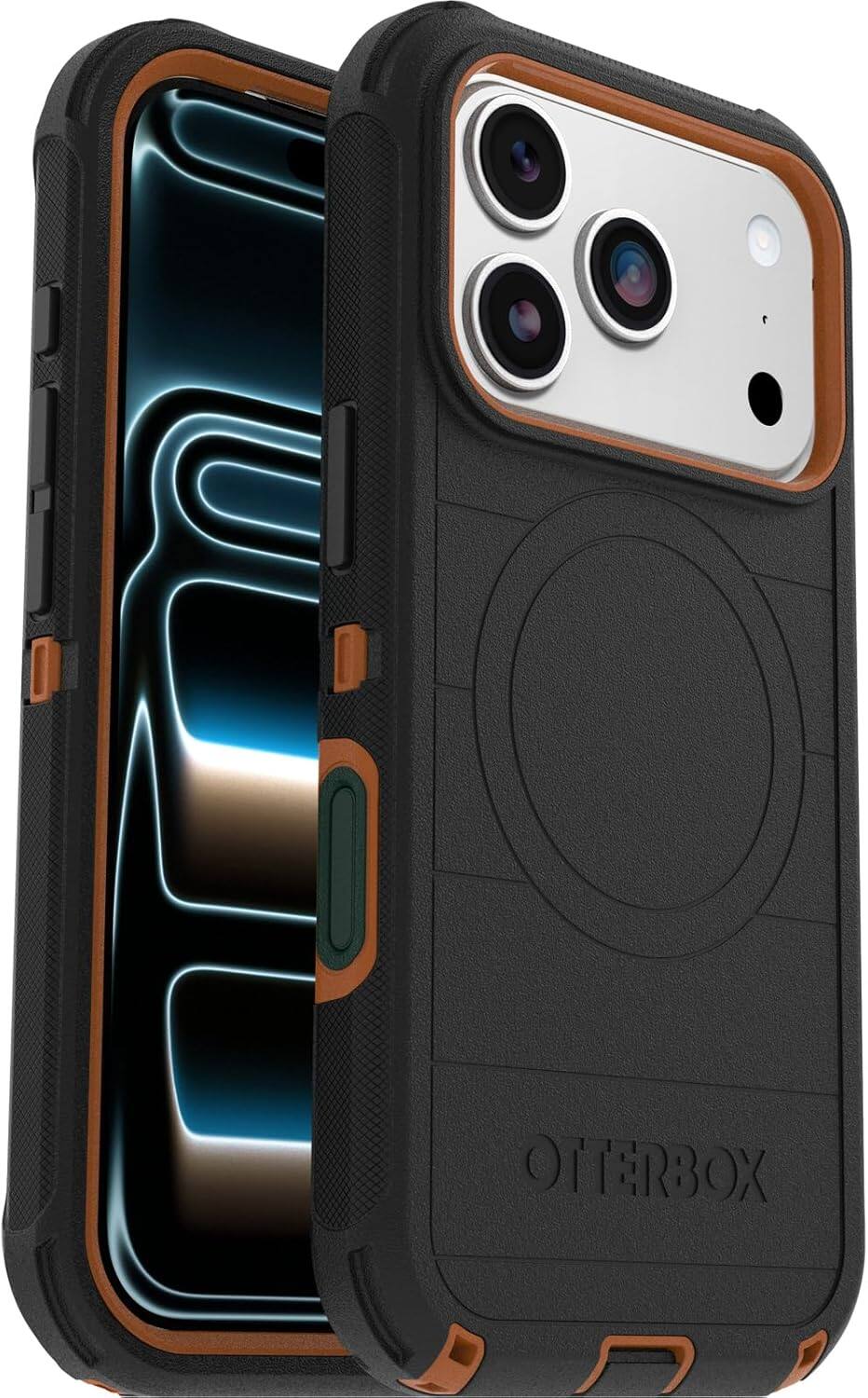 Left. OtterBox - OtterBox iPhone 17 Pro (Only) Bundle: Defender Series Case & Screen Protector - Case Only - Rugged - Snaps on MagSafe - Black Chateau (Black & Orange).