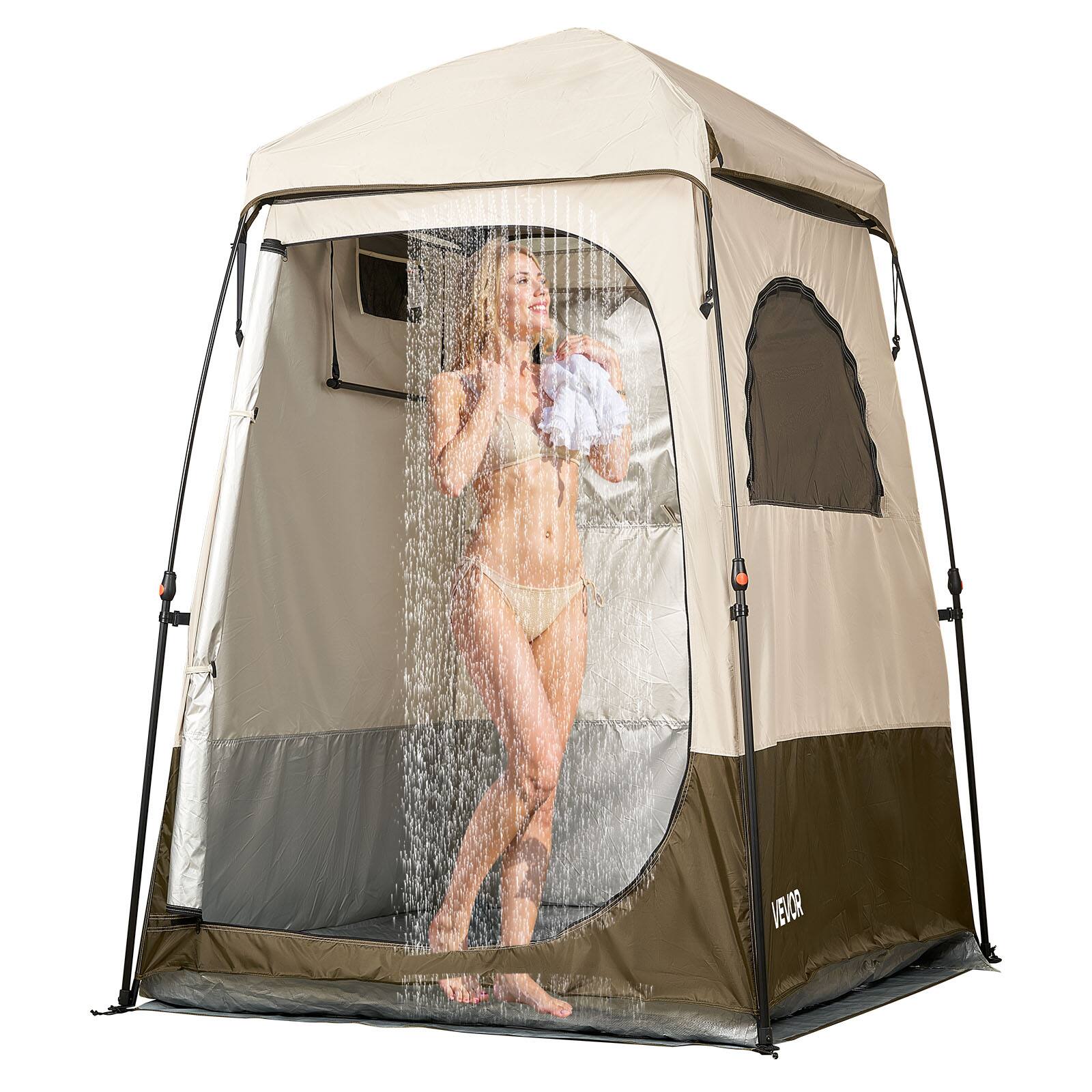 VEVOR - Camping Shower Tent, 1 Room, Foldable Privacy Tent Changing Room with Ground Stakes, Ropes, Carry Bag, and Crossbar - Khaki