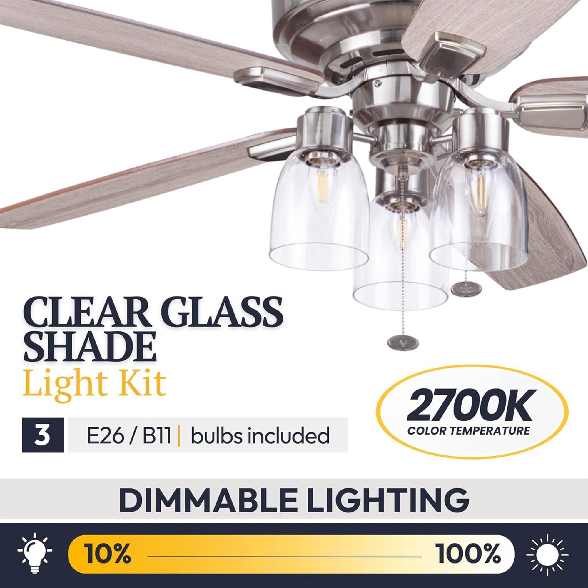 CLEAR GLASS SHADE Light Kit  
3 E26 / B11 | bulbs included  
2700K COLOR TEMPERATURE  
DIMMABLE LIGHTING  
10% - 100%