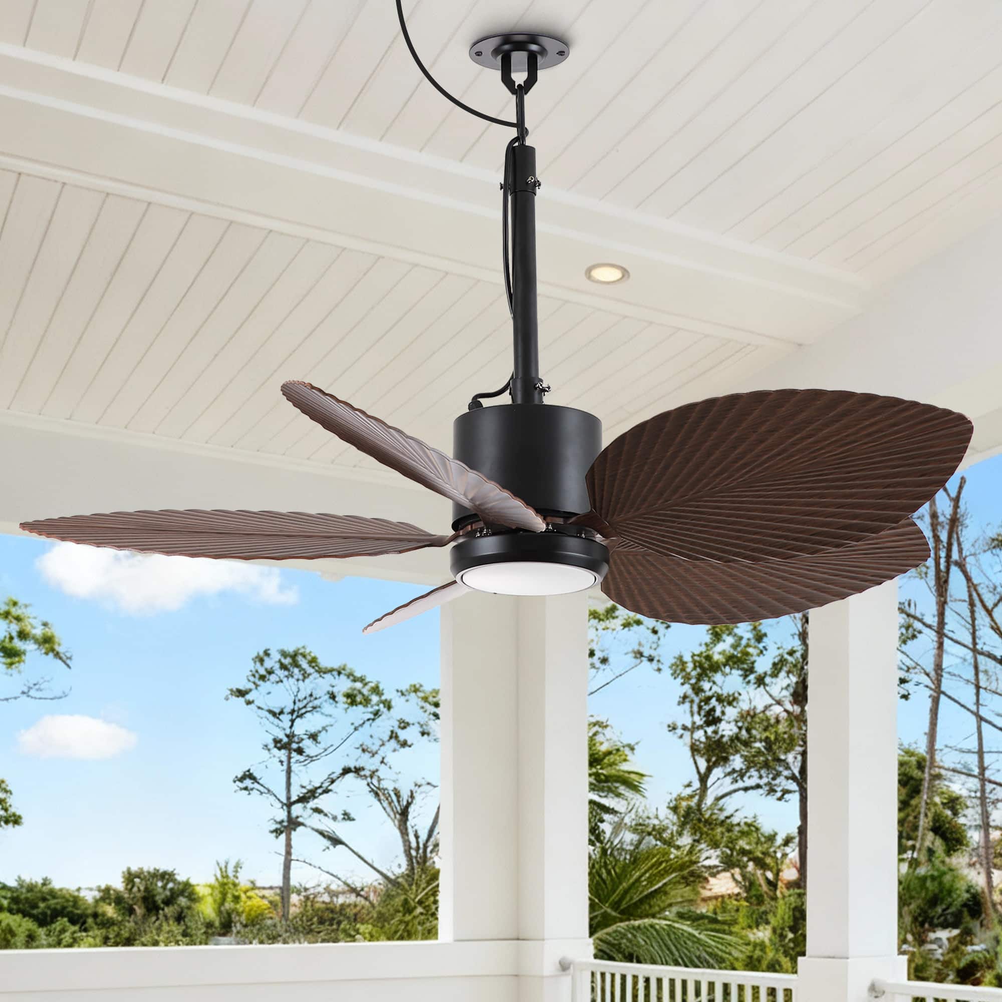 Parrot Uncle - 42" Tropical Style Waterproof Outdoor Gazebo LED Ceiling Fan with Light, Hook Downrod and Tropical Palm Leaf - Black