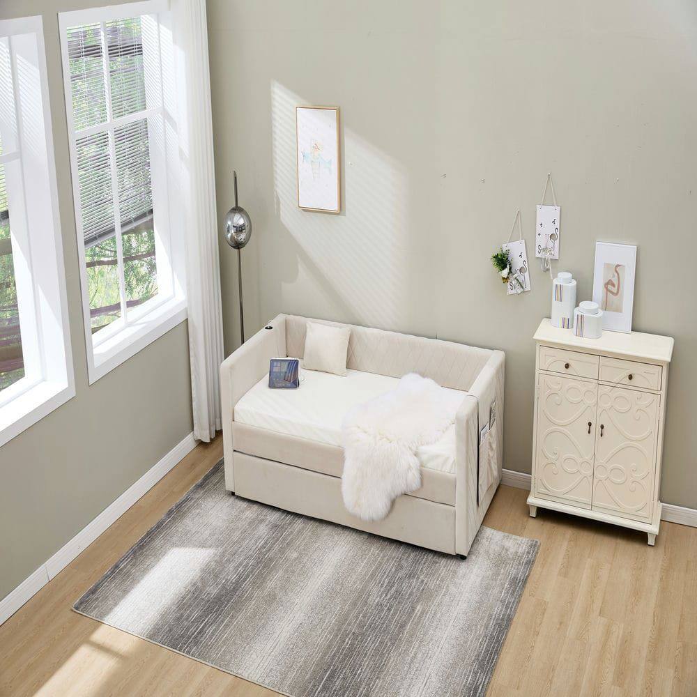 Angle. Kadyn - Velvet Daybed with Sturdy Wood Frame, Modern Diamond Grid Pull-Out Design for Bedroom Living Room - Beige.