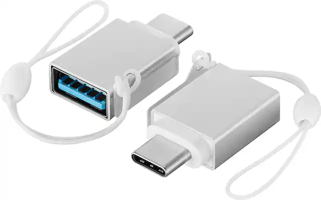 Front. Best Buy essentials™ - Female USB to Male USB-C Adapter (2-Pack) - Silver.
