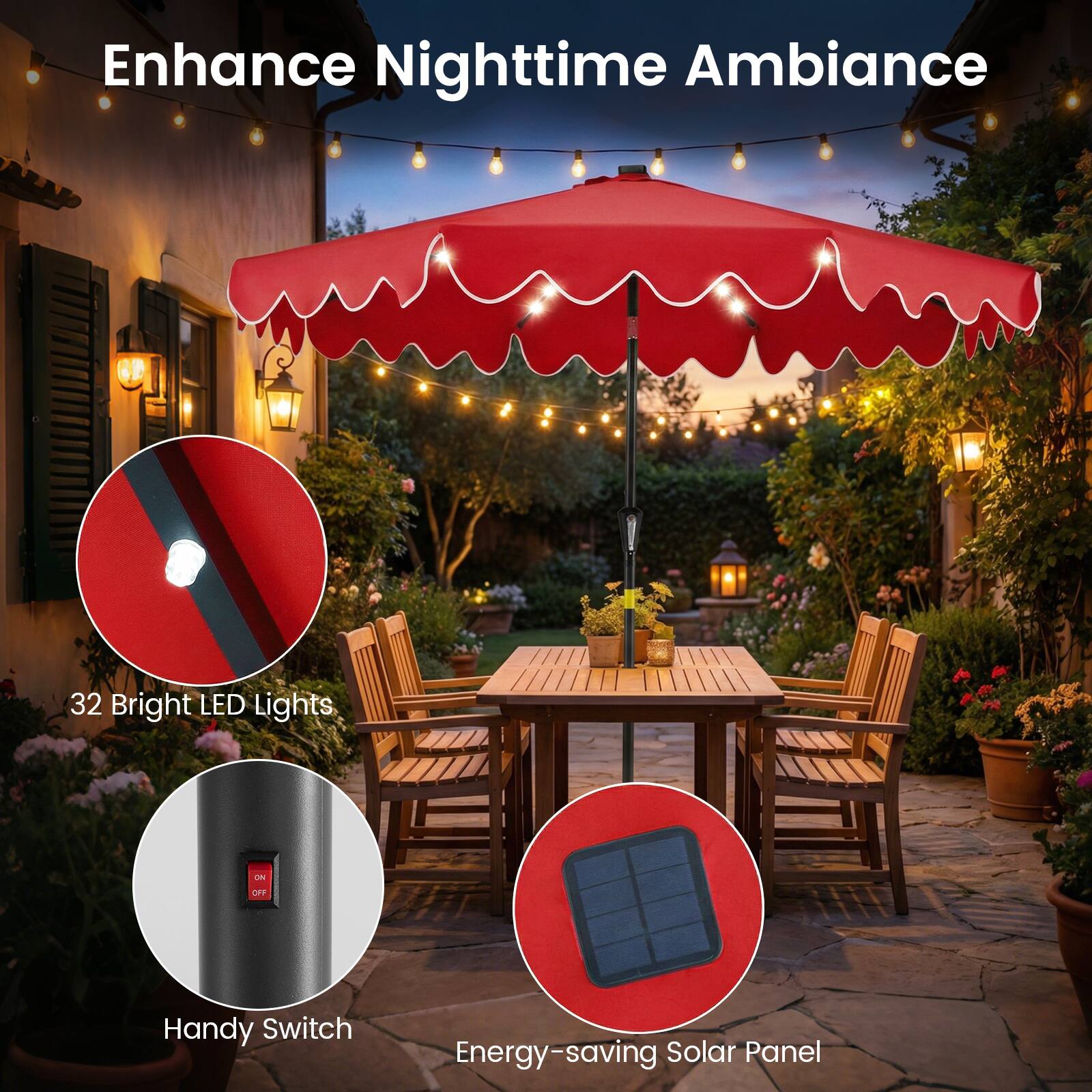 Enhance Nighttime Ambiance

- 32 Bright LED Lights
- Handy Switch
- Energy-saving Solar Panel