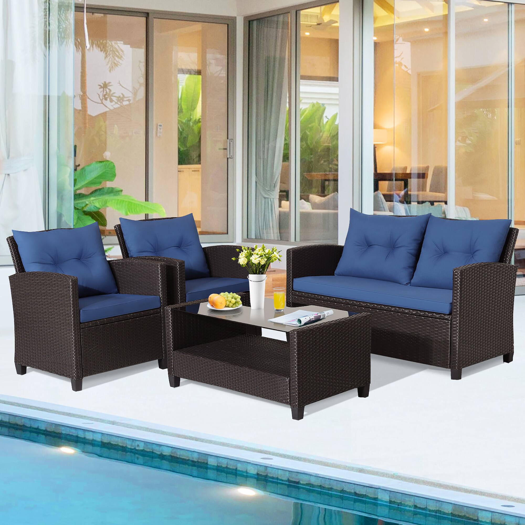 Alt View 7. Gymax - Gymax 8PCS Outdoor Conversation Set Patio PE Rattan Set w/ Glass Table & Sofa Cushions Navy - Navy.