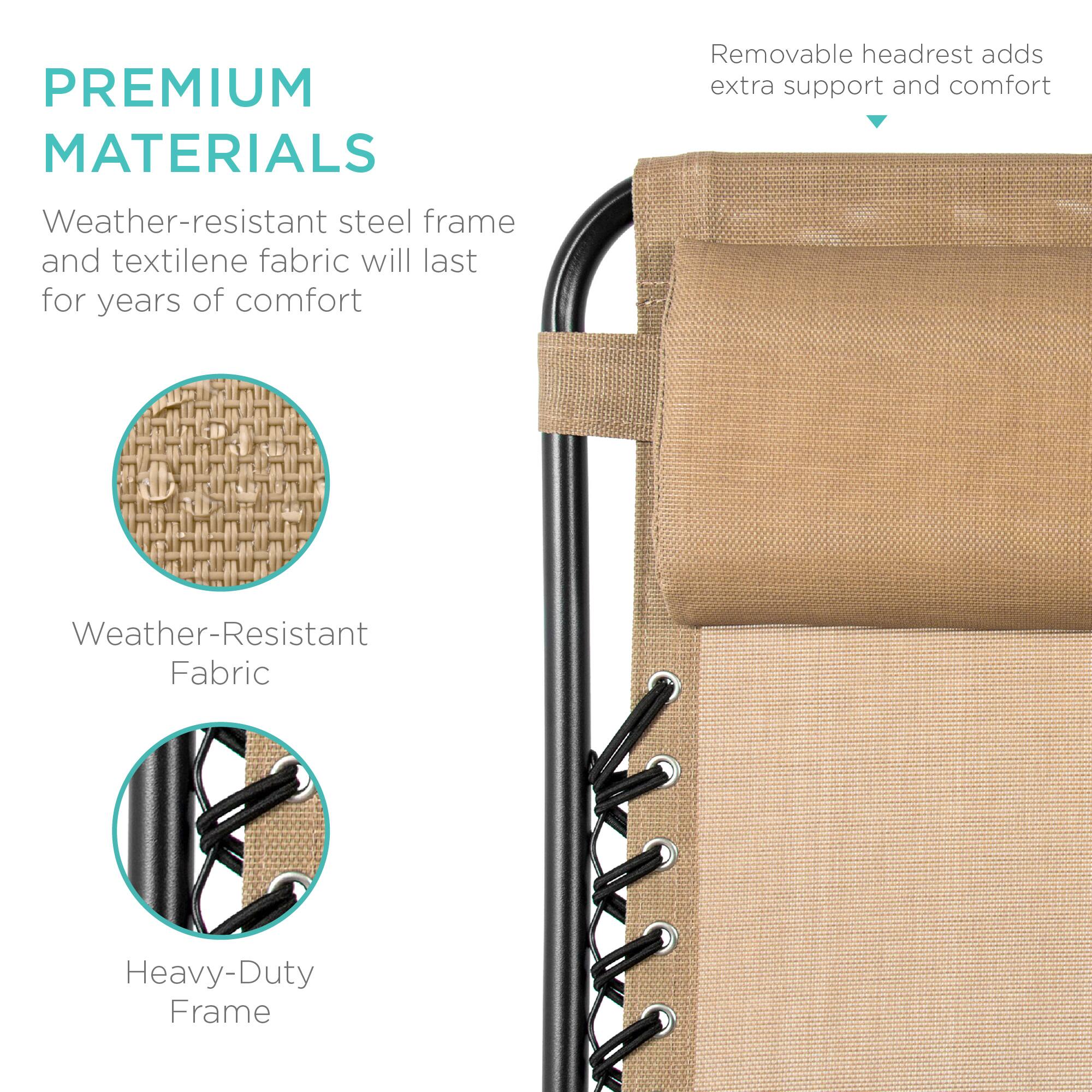 **PREMIUM MATERIALS**

Weather-resistant steel frame and textilene fabric will last for years of comfort

- Weather-Resistant Fabric
- Heavy-Duty Frame

Removable headrest adds extra support and comfort