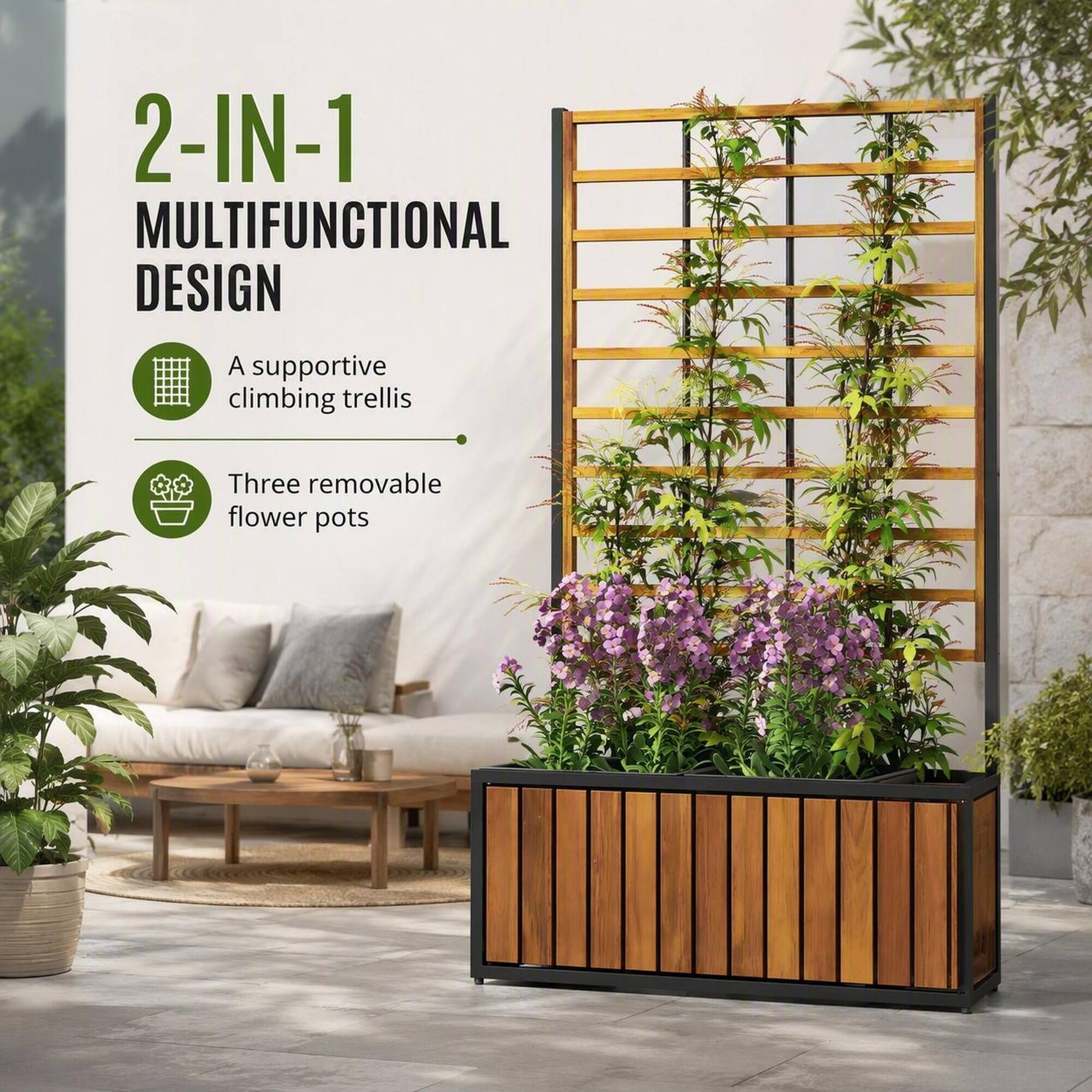 2-IN-1 MULTIFUNCTIONAL DESIGN

- A supportive climbing trellis
- Three removable flower pots