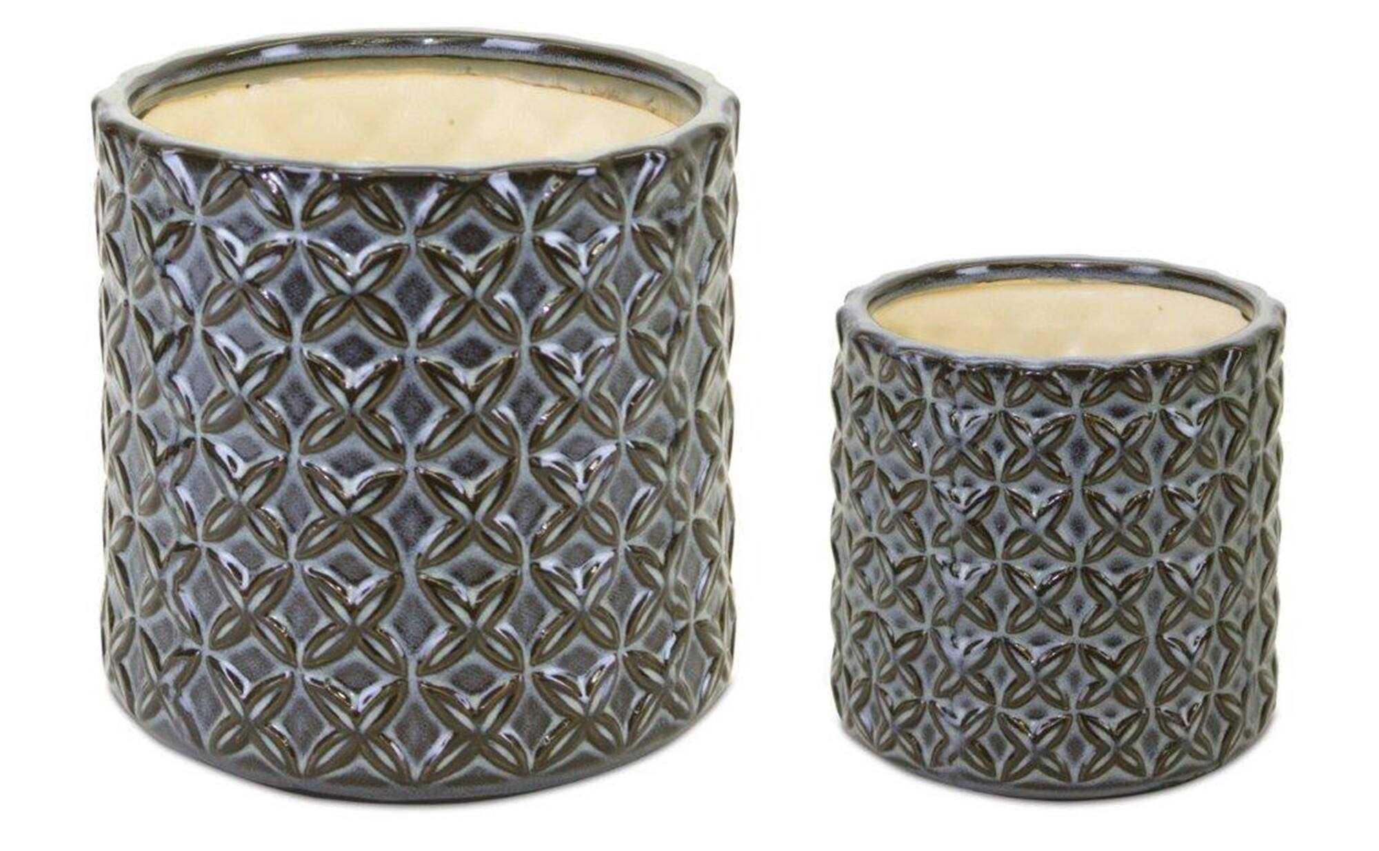 Front. BreeBe - Geometric Pattern Ceramic Pot (Set of 2) - Brown, Blue, White.