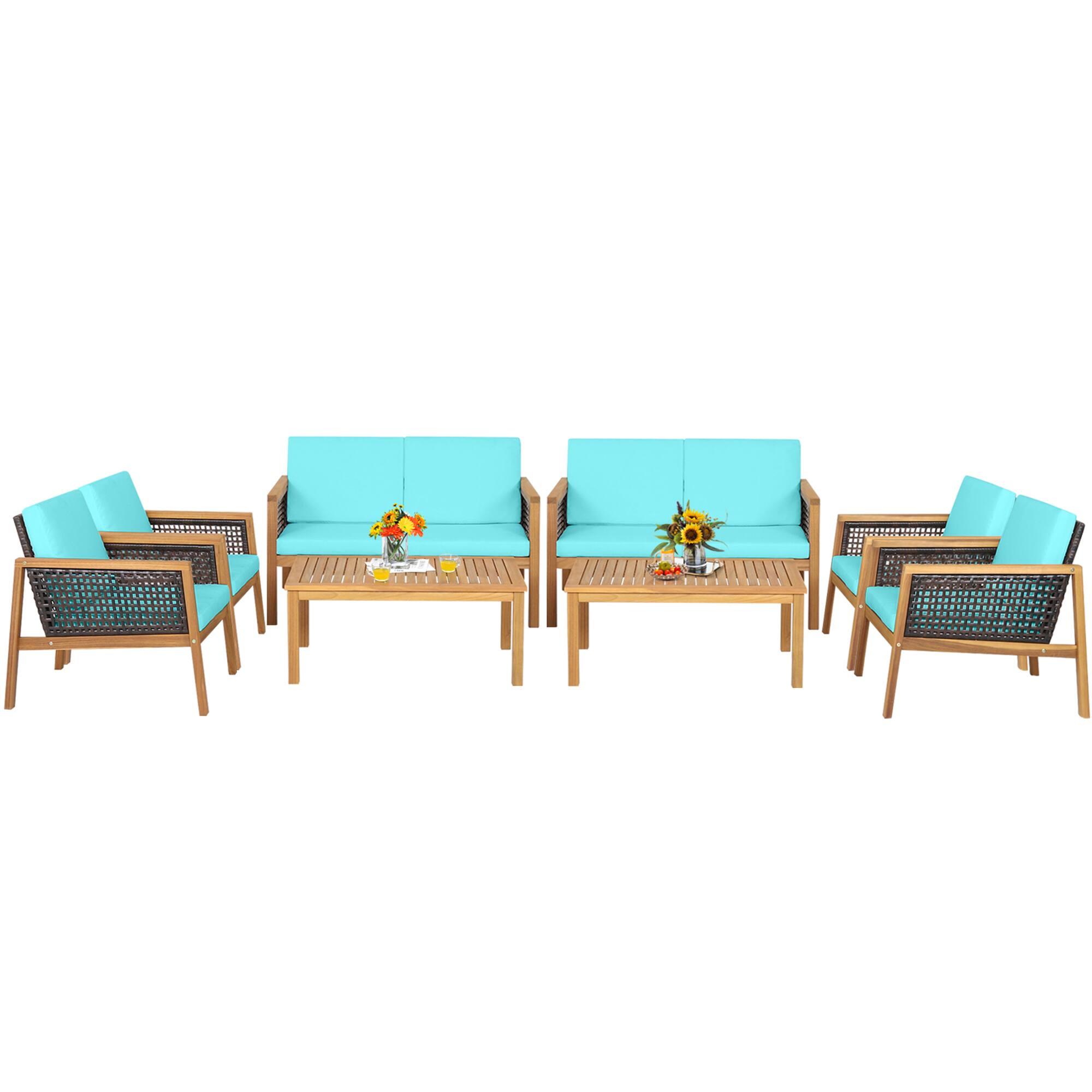 Alt View 1. Gymax - Gymax 8PCS Patio Acacia Wood Furniture Set PE Rattan Conversation Set w/ Turquoise Cushions - Turquoise.