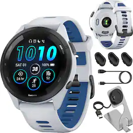 Garmin - Forerunner 265 GPS Smartwatch 46 mm Fiber-reinforced polymer + Charging Dock + Dust Cover Bundle - Black Bezel|Whitestone Case|Whitestone/Tidal Blue - (2023)