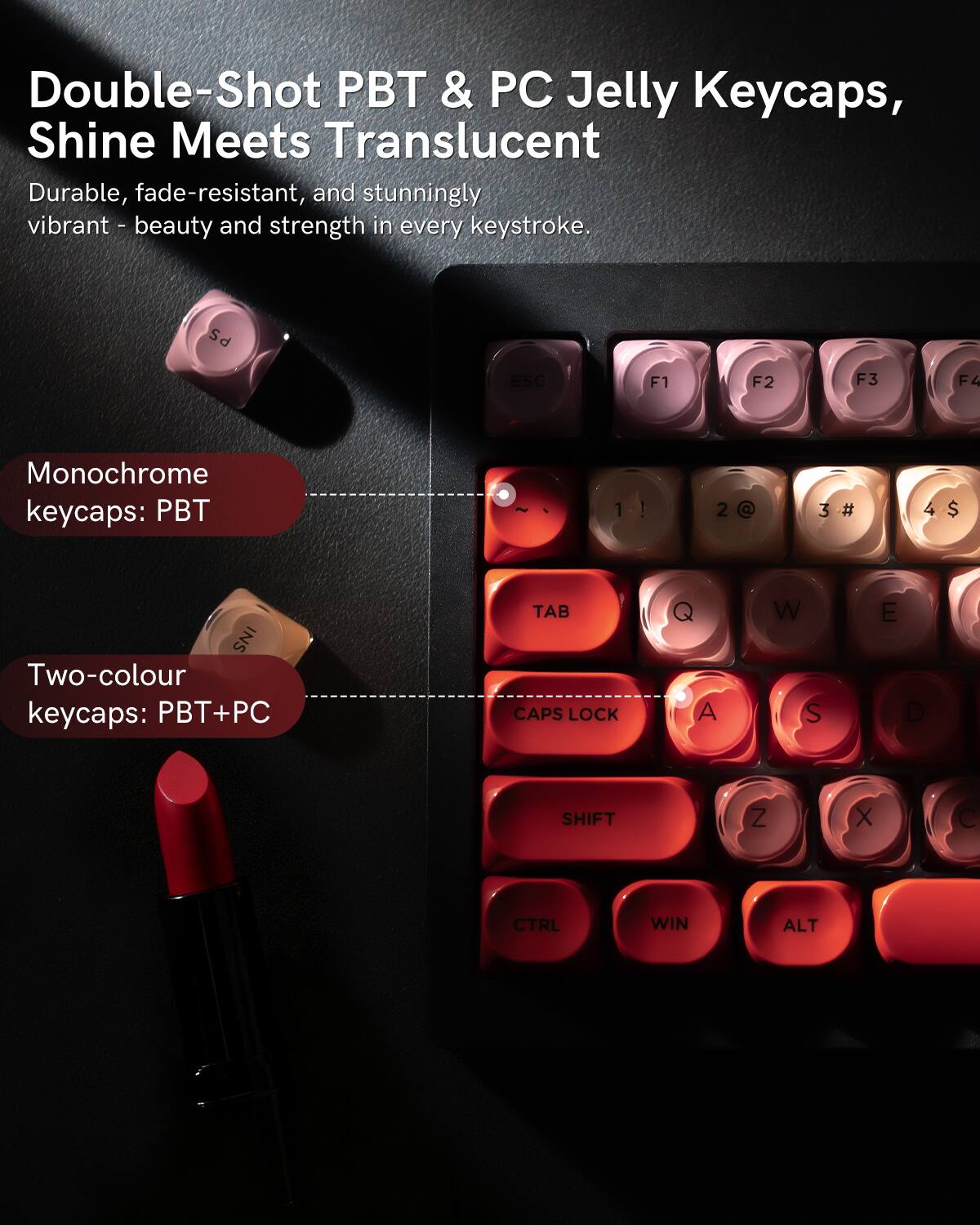 Double-Shot PBT & PC Jelly Keycaps, Shine Meets Translucent

Durable, fade-resistant, and stunningly vibrant - beauty and strength in every keystroke.

Monochrome keycaps: PBT

Two-colour keycaps: PBT+PC