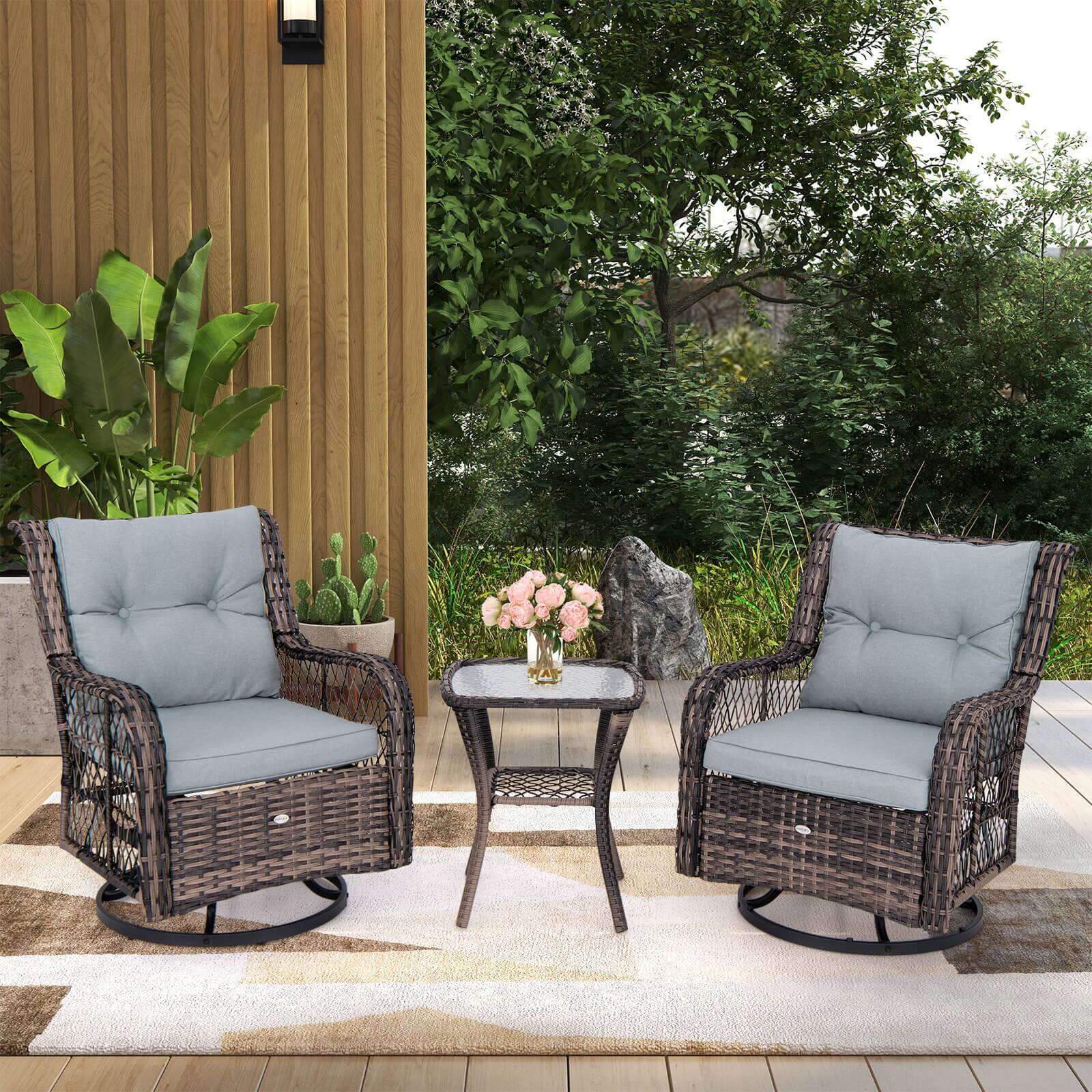 Alt View 1. Costway - 3 PCS Patio Furniture Set Rocking Chairs Set of 2 with Glass Top Side Table - Mix Brown + Grey.