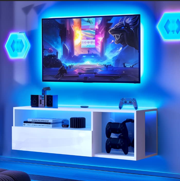 Spaco - 39" Gaming TV Stand with LED Lights, Controller and Headphone Hooks, Hidden Storage Cabinet, 30kg Load Capacity - White