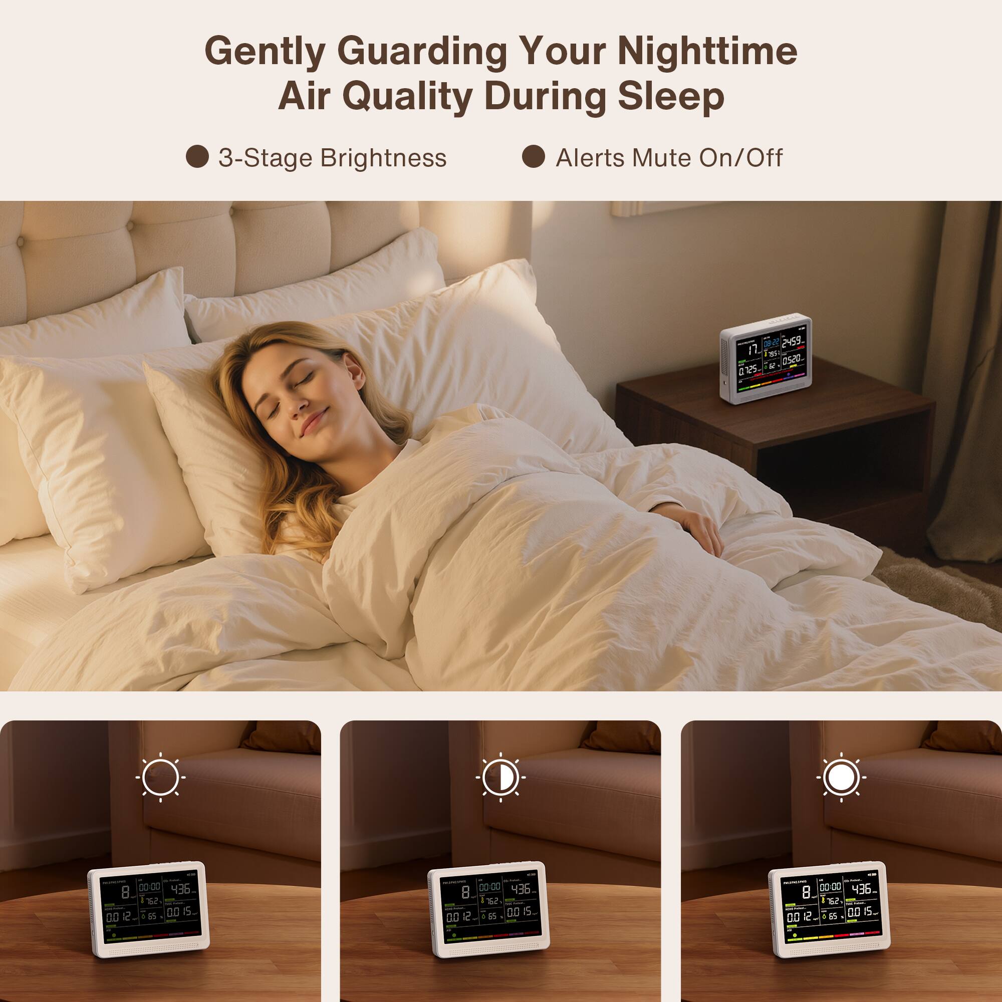 Gently Guarding Your Nighttime Air Quality During Sleep  
3-Stage Brightness  
Alerts Mute On/Off  

ande 17 55.00 2459. 85 R 0520 0.25.  

- INGREDIENTS: 8. 00:00 . 62 80 6. 00 2. 0 55 -  
- H-000 43. 8 sar  80 6. 00 2 1 95  
- NEWS 00:00 436. B - 182 - 00 S. 00 2 - 65 -
