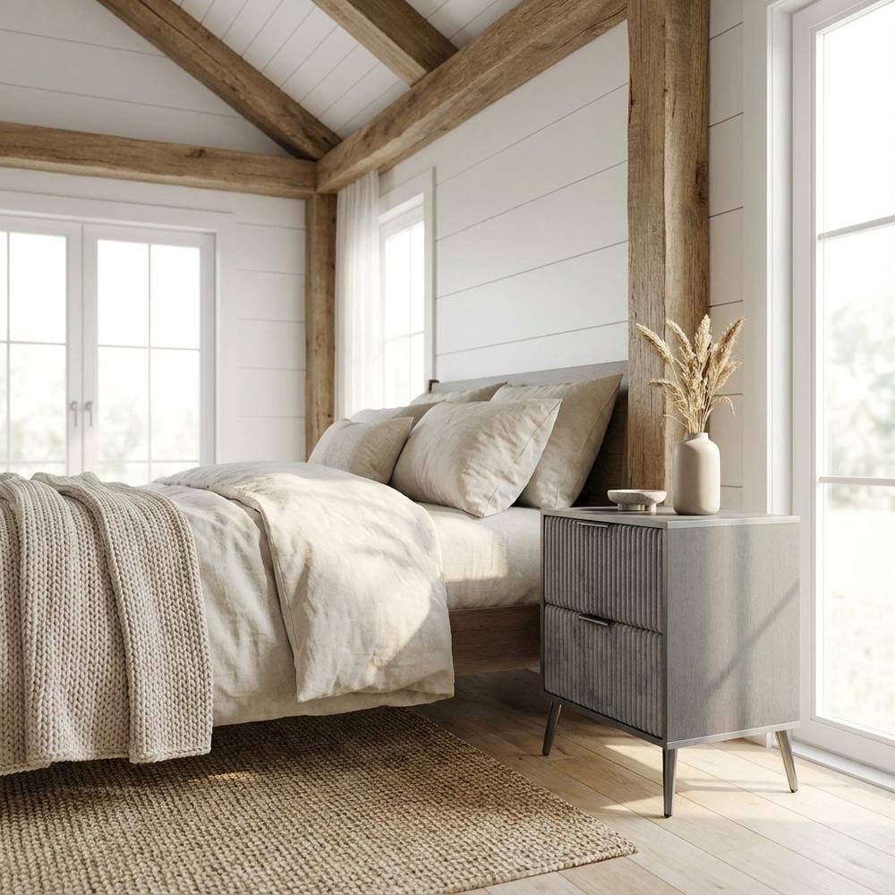 Angle. FurniFact - Gray Nightstand with Modern Design and Center Drawer Glide Mechanism - Gray.