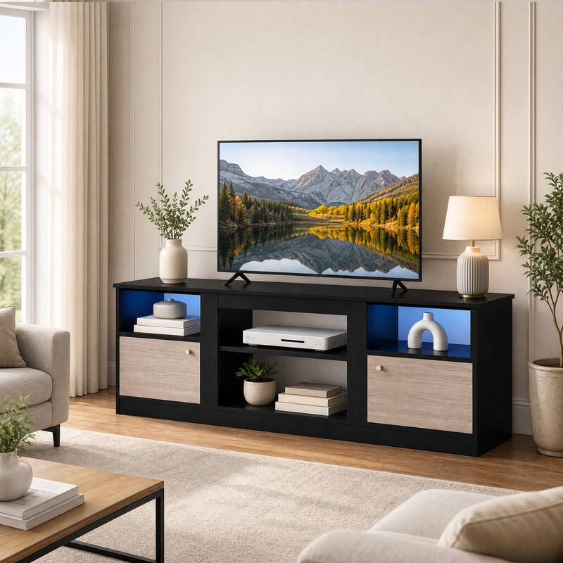 Angle. WELLFOR - Modern TV Stand for TVs up to 65” with 2 Door & Adjustable Shelf , LED Entertainment Center - Black.