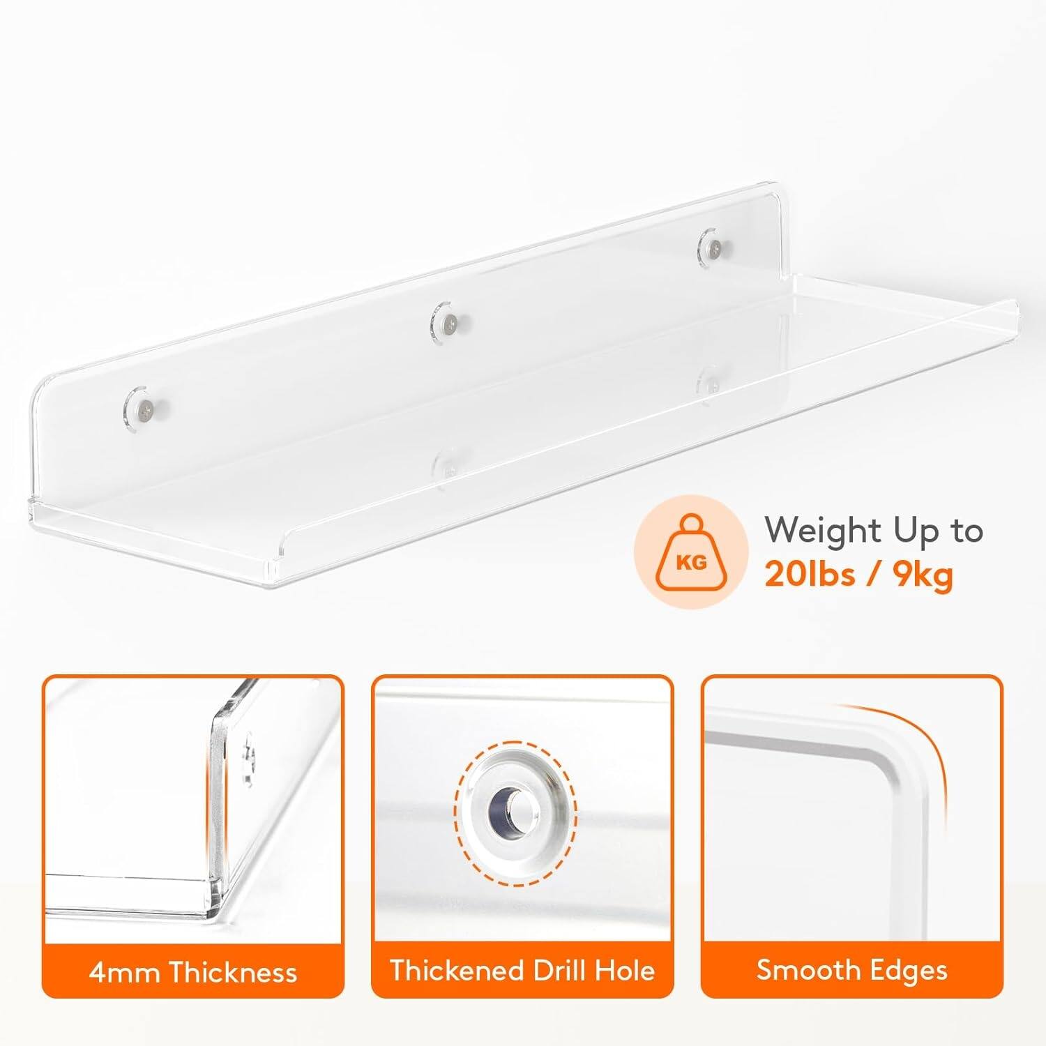 - Weight Up to 20lbs / 9kg
- 4mm Thickness
- Thickened Drill Hole
- Smooth Edges