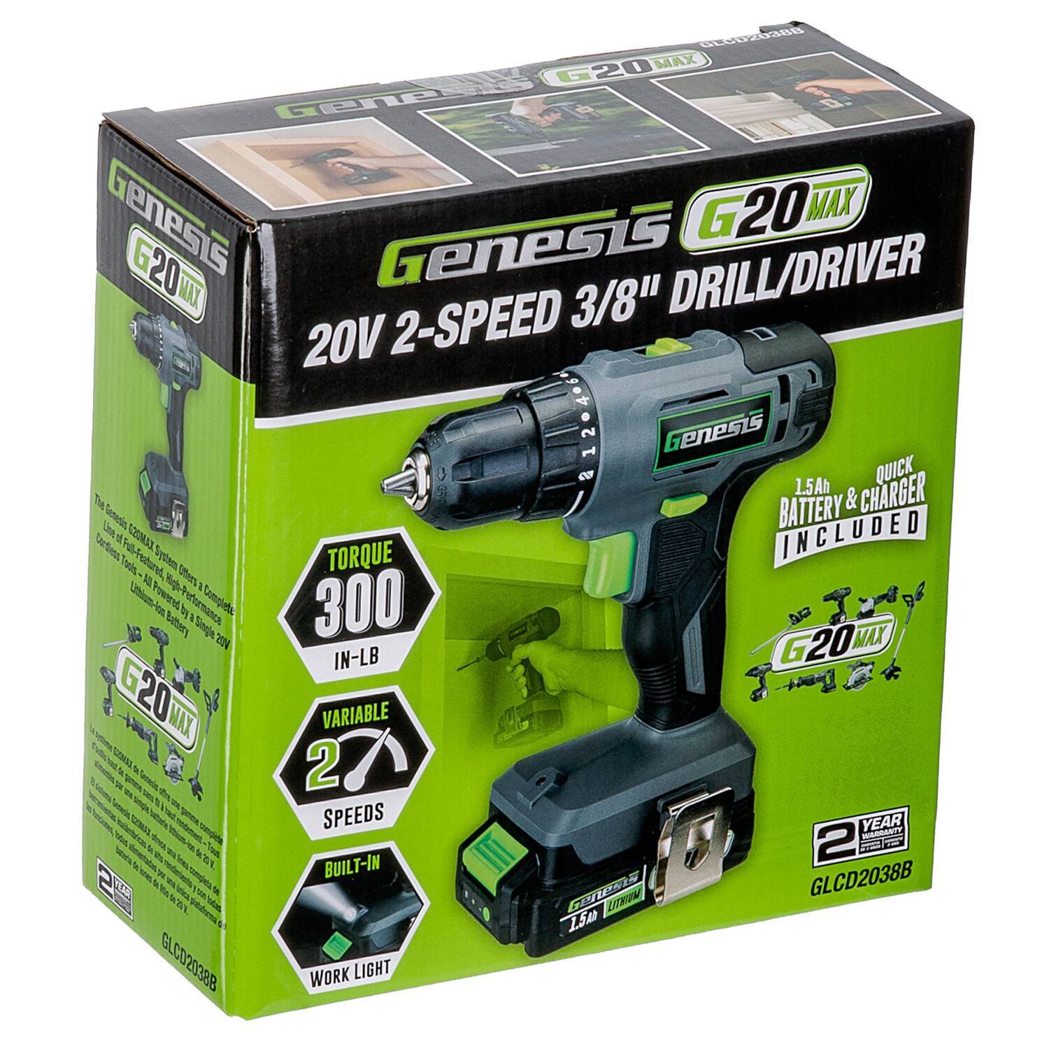 Genesis G20 MAX  
20V 2-SPEED 3/8" DRILL/DRIVER  
1.5Ah BATTERY & CHARGER INCLUDED  
TORQUE 300 IN-LB  
VARIABLE 2 SPEEDS  
BUILT-IN WORK LIGHT  
2 YEAR WARRANTY  
GLCD2038B