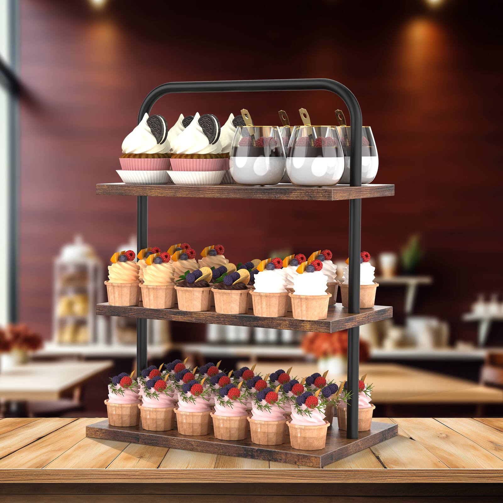 Angle. Oumilen - 3-Tier Rectangular Cupcake Display Stand, Rustic Wood Metal Dessert Serving Tray - Brown.