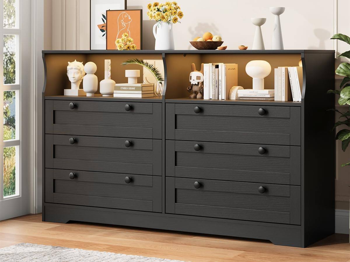 Acekool - Dresser Chests of Drawers, Wooden 6 Drawer Dresser for Bedroom with Led Light, 55" Wide Wood Dresser - Black