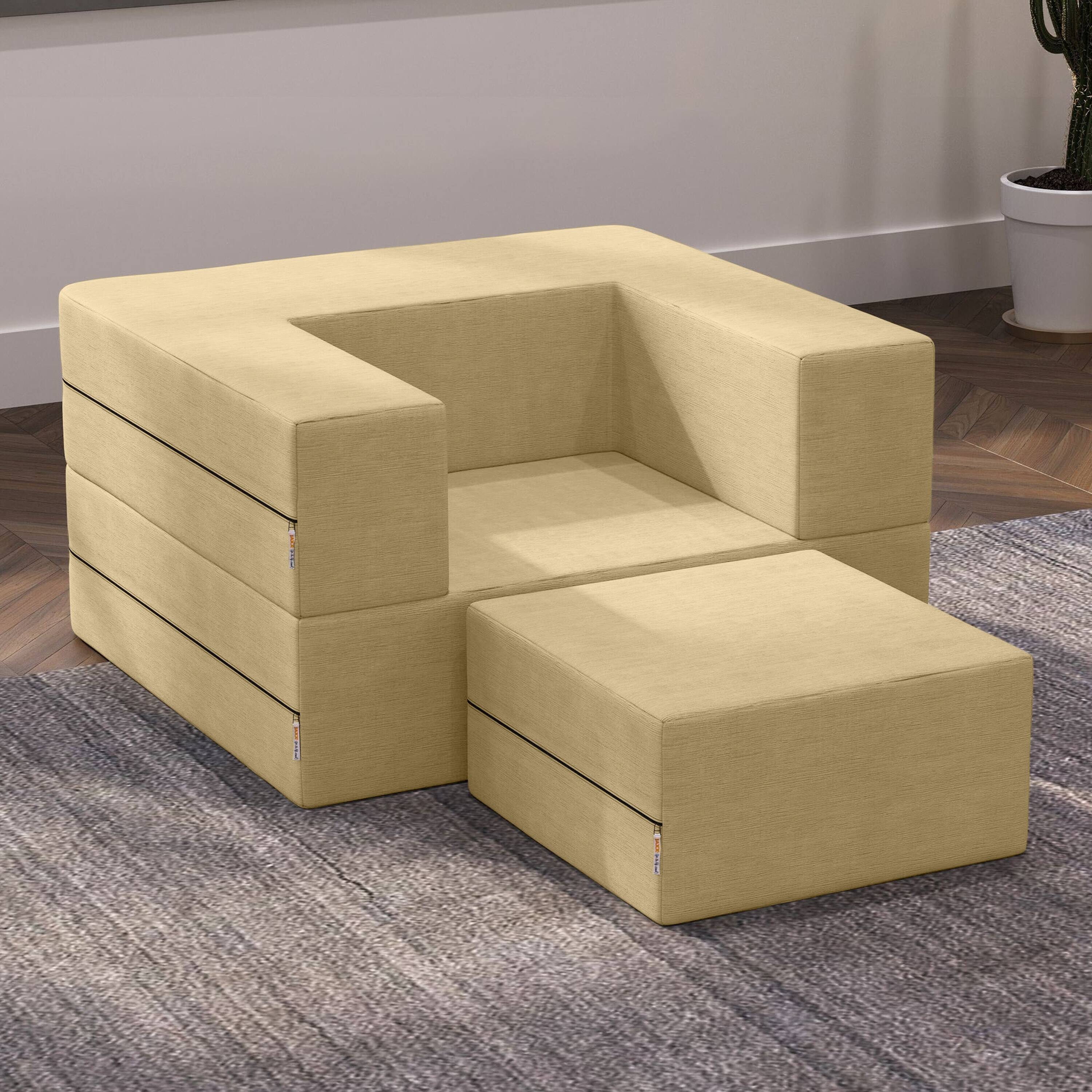 Left. Jaxx - Jaxx Zipline Convertible Sleeper Futon Chair & Ottoman with Machine-Washable Cover, Camel - Camel.