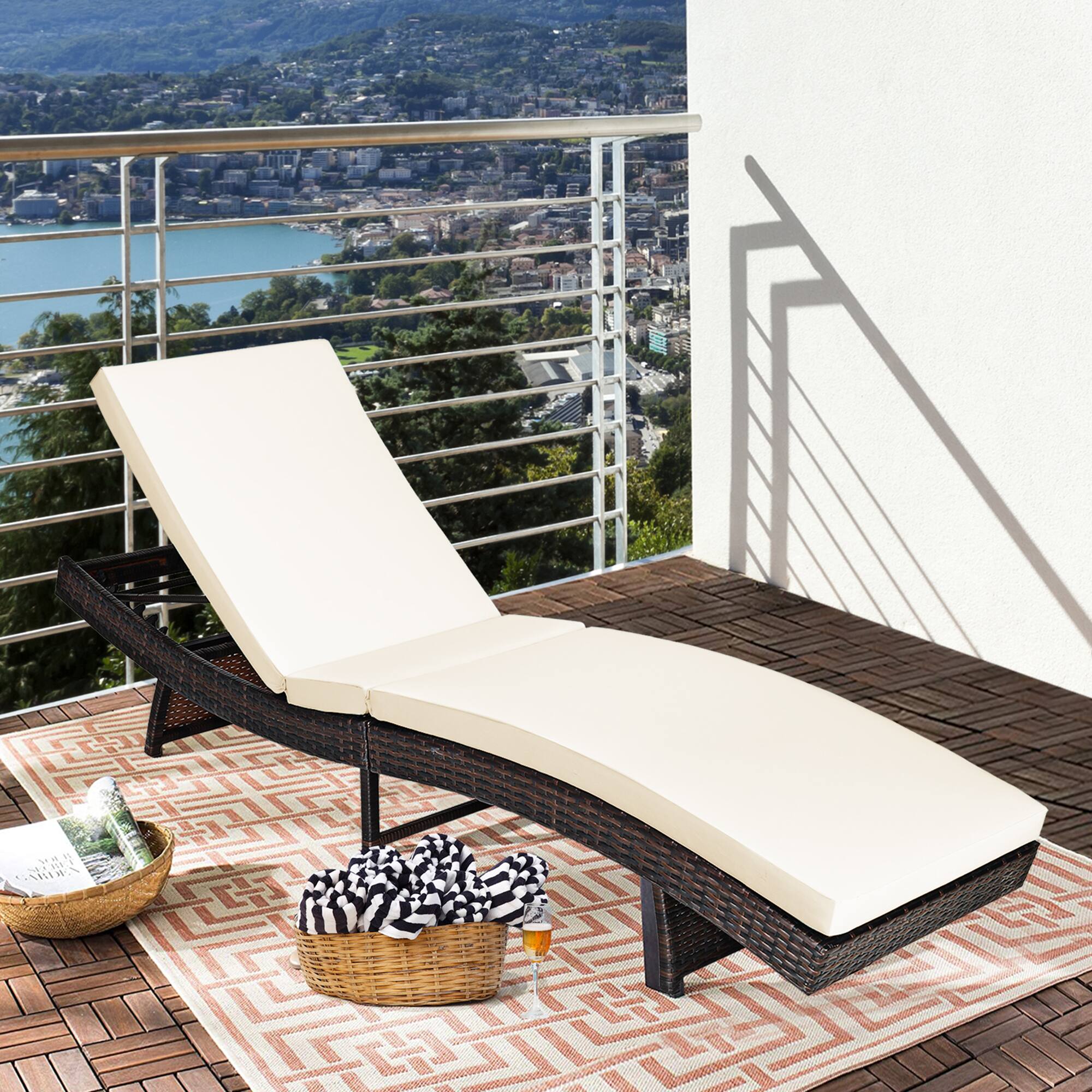 Alt View 4. Gymax - Gymax Foldable Patio Rattan Chaise Lounge Chair w/5 Back Positions White Cushion - White.