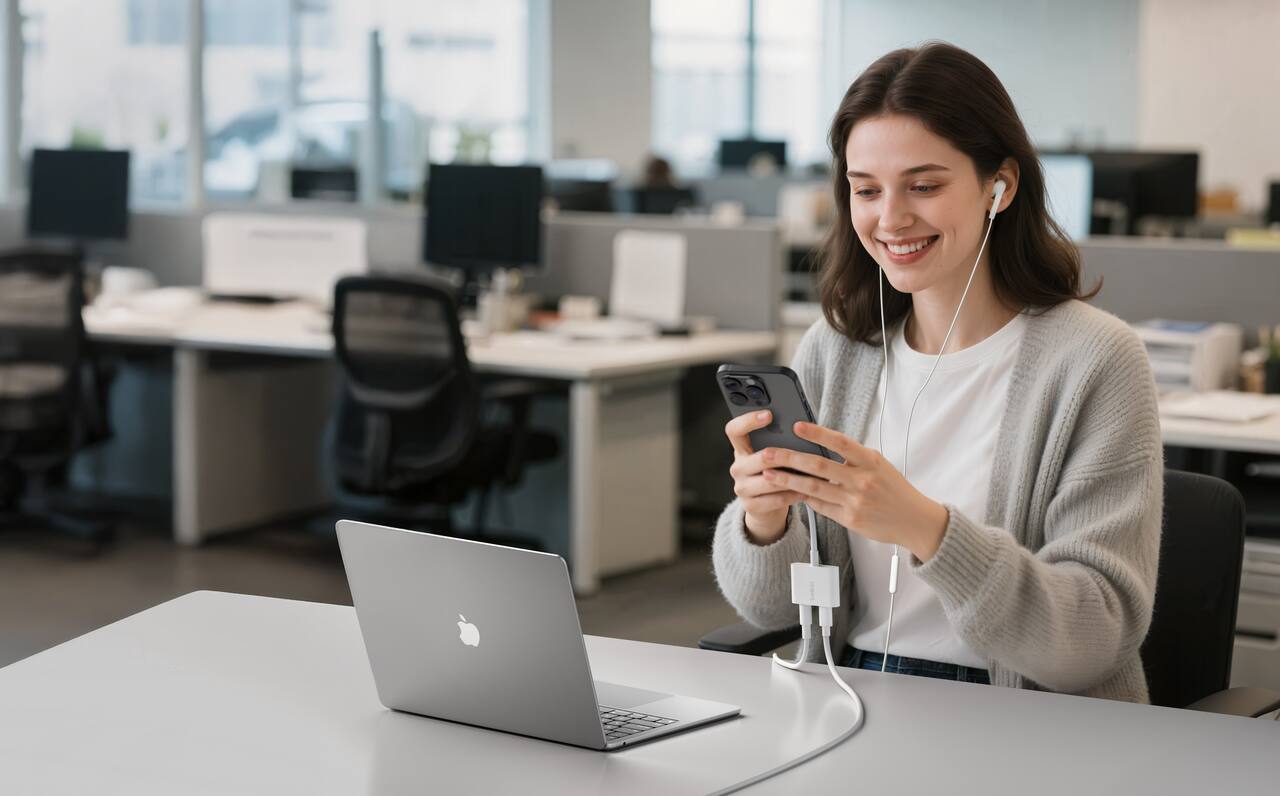 Alt View 6. Belkin - RockStar Lightning to 3.5mm Audio Cable + Audio Charger Splitter, 2-in-1 Aux iPhone Headphone and Charger Adapter - White.