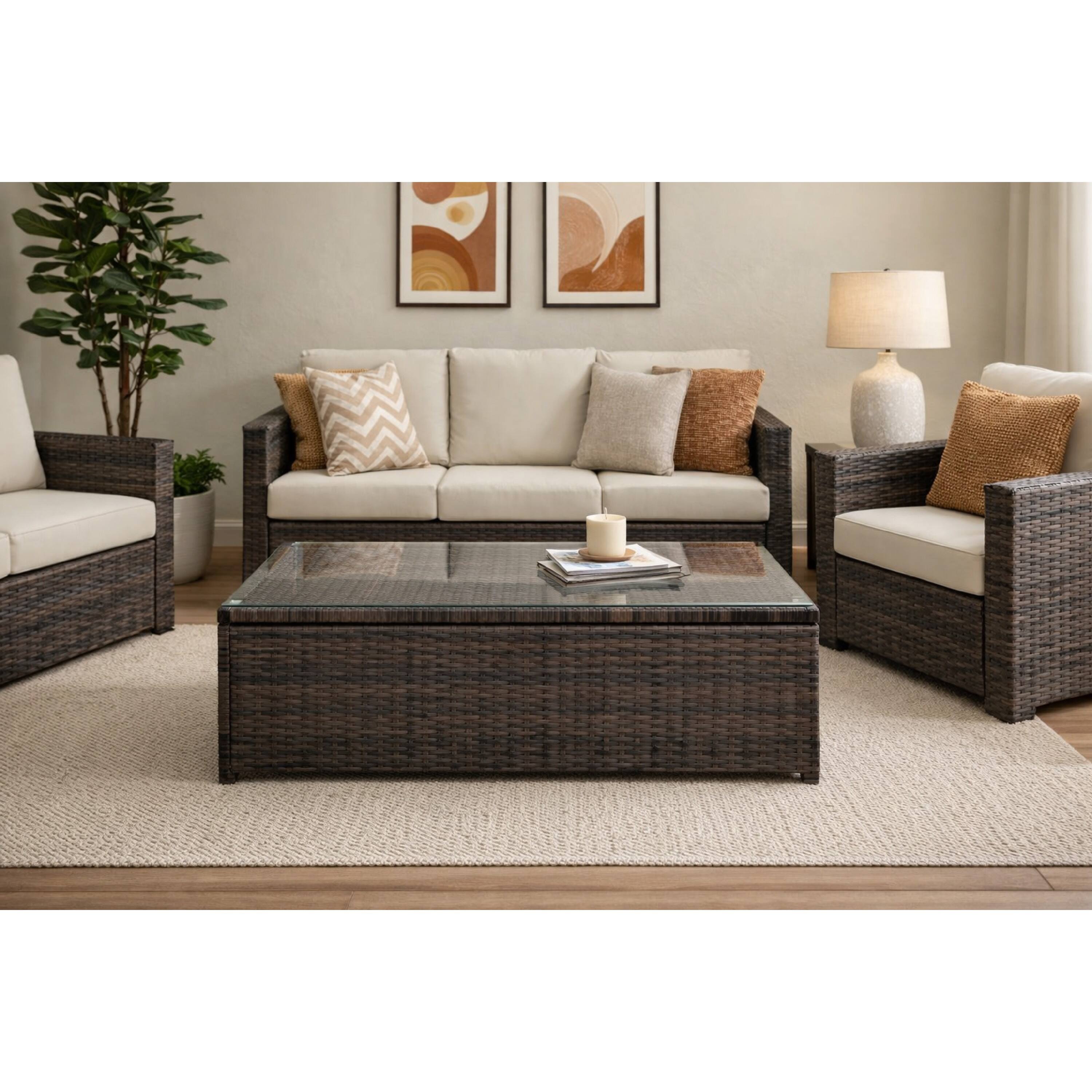 Alt View 8. Manhattan Lane - Rectangular Faux Rattan and Aluminum Coffee Table with Glass Top - Brown.