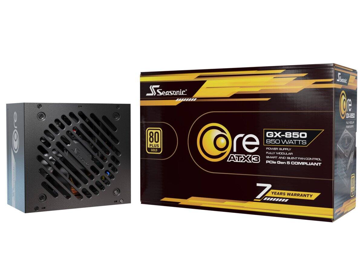 Sure, here is the corrected and grouped text:

---

**Seasonic GX-850**

- **80 PLUS GOLD**  
- **850 WATTS**  
- **FULLY MODULAR**  
- **ATX3**  
- **SMART AND SILENT FAN CONTROL**  
- **PCIe Gen 5 COMPLIANT**  
- **7 YEARS WARRANTY**

---

This text is based on the information visible on the packaging and the power supply unit in the image.