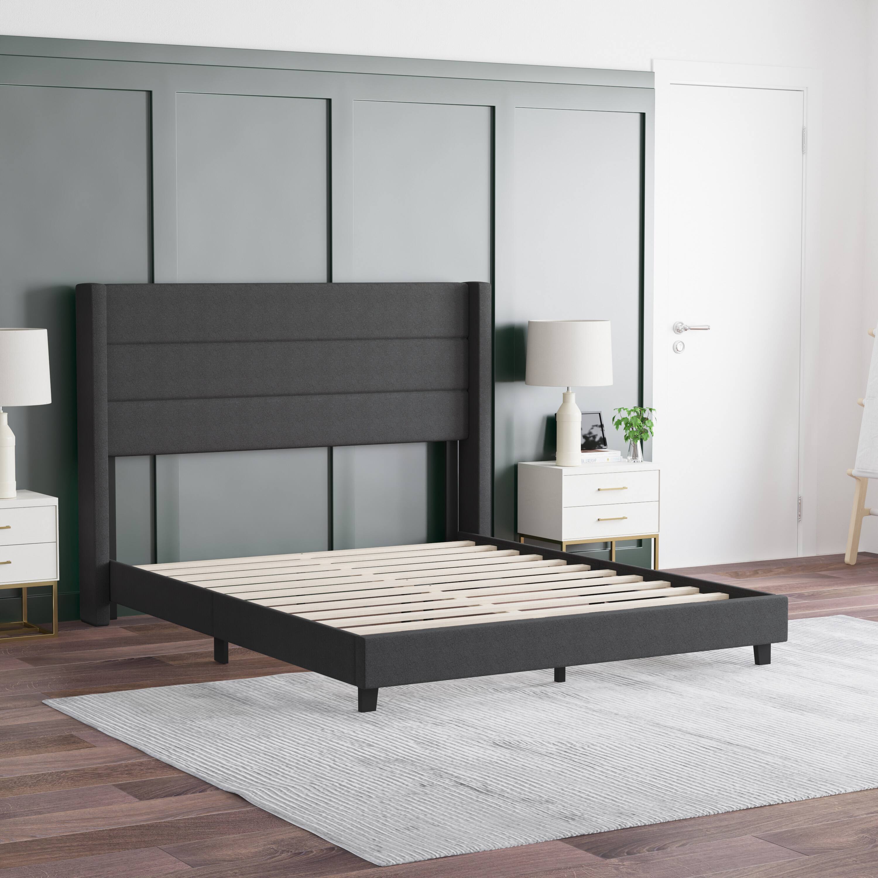 Alt View 3. Emma + Oliver - Upholstered Platform Bed with Wingback Headboard - Charcoal.