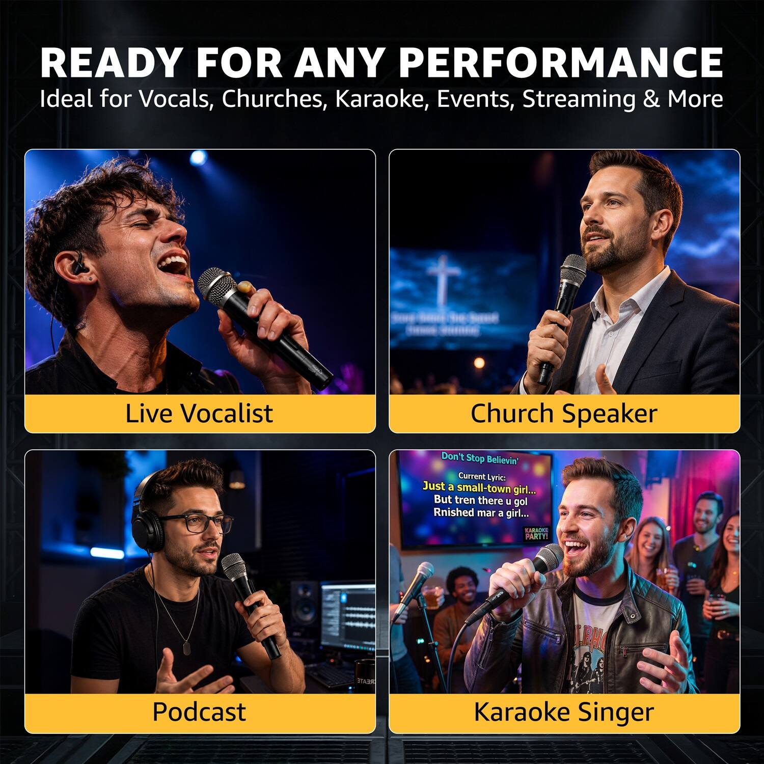 READY FOR ANY PERFORMANCE  
Ideal for Vocals, Churches, Karaoke, Events, Streaming & More  

Live Vocalist  
Church Speaker  
Podcast  
Karaoke Singer  

Don't Stop Believin'  
Current Lyric: Just a small-town girl... But then there u go Rnished mar a girl...