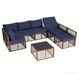 Ainfox - Ainfo 7 Pieces Outdoor Patio Furniture Set,Wicker Outdoor Sectional Conversation Couch Set for Garden Porch Poolside - brown and blue