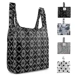 Zulay Kitchen - 5 Pack 50 Pound Reusable Grocery Bags - Large Foldable Reusable Bags With Handles and Drawstring Bag - Black and White Pattern