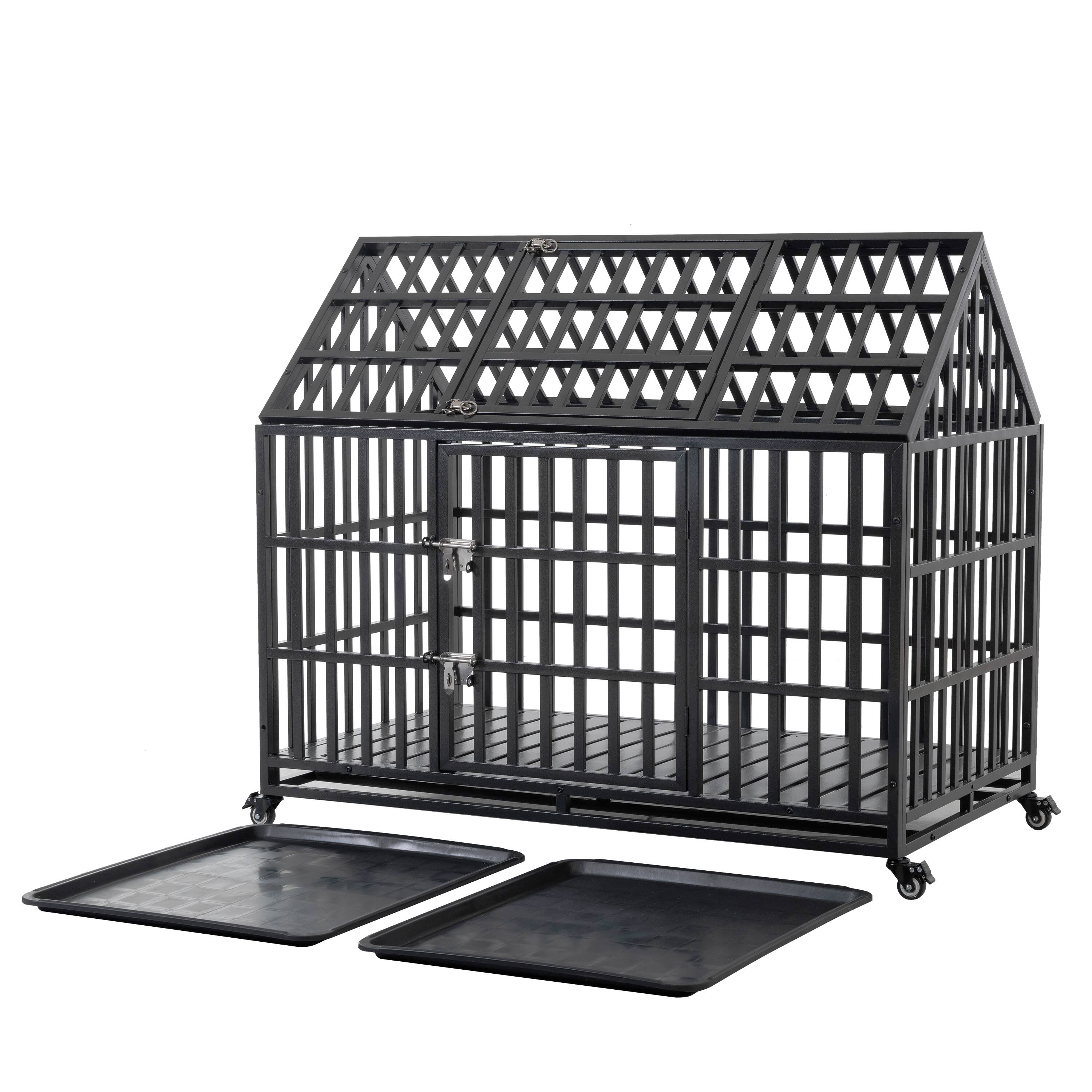 Front. Glintex - 52" Heavy Duty Dog Crate Large Dog cage Strong Metal Dog Kennels and Crates for Large Dogs with 4 Lockable Whees.