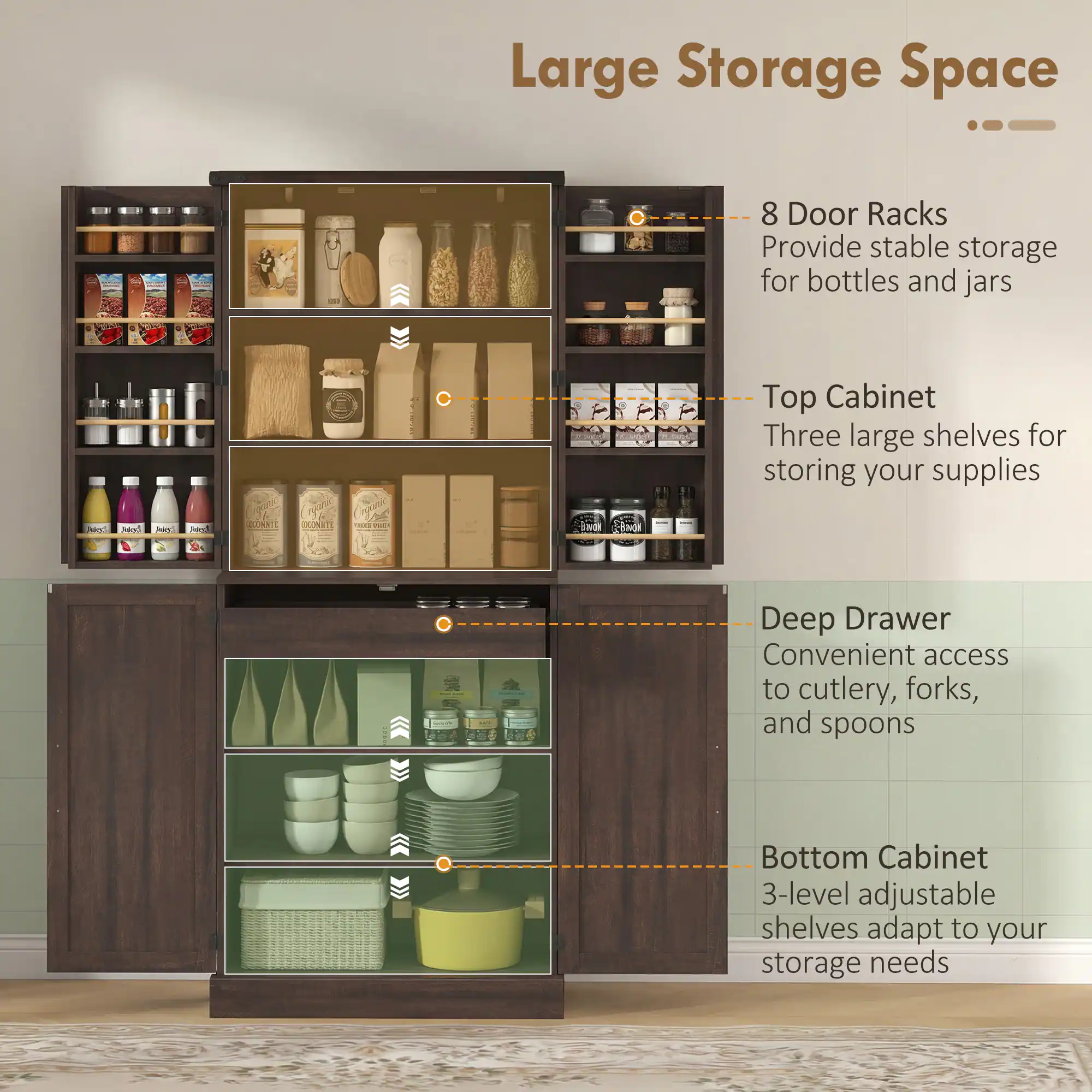 Large Storage Space

- 8 Door Racks  
  Provide stable storage for bottles and jars

- Top Cabinet  
  Three large shelves for storing your supplies

- Deep Drawer  
  Convenient access to cutlery, forks, and spoons

- Bottom Cabinet  
  3-level adjustable shelves adapt to your storage needs
