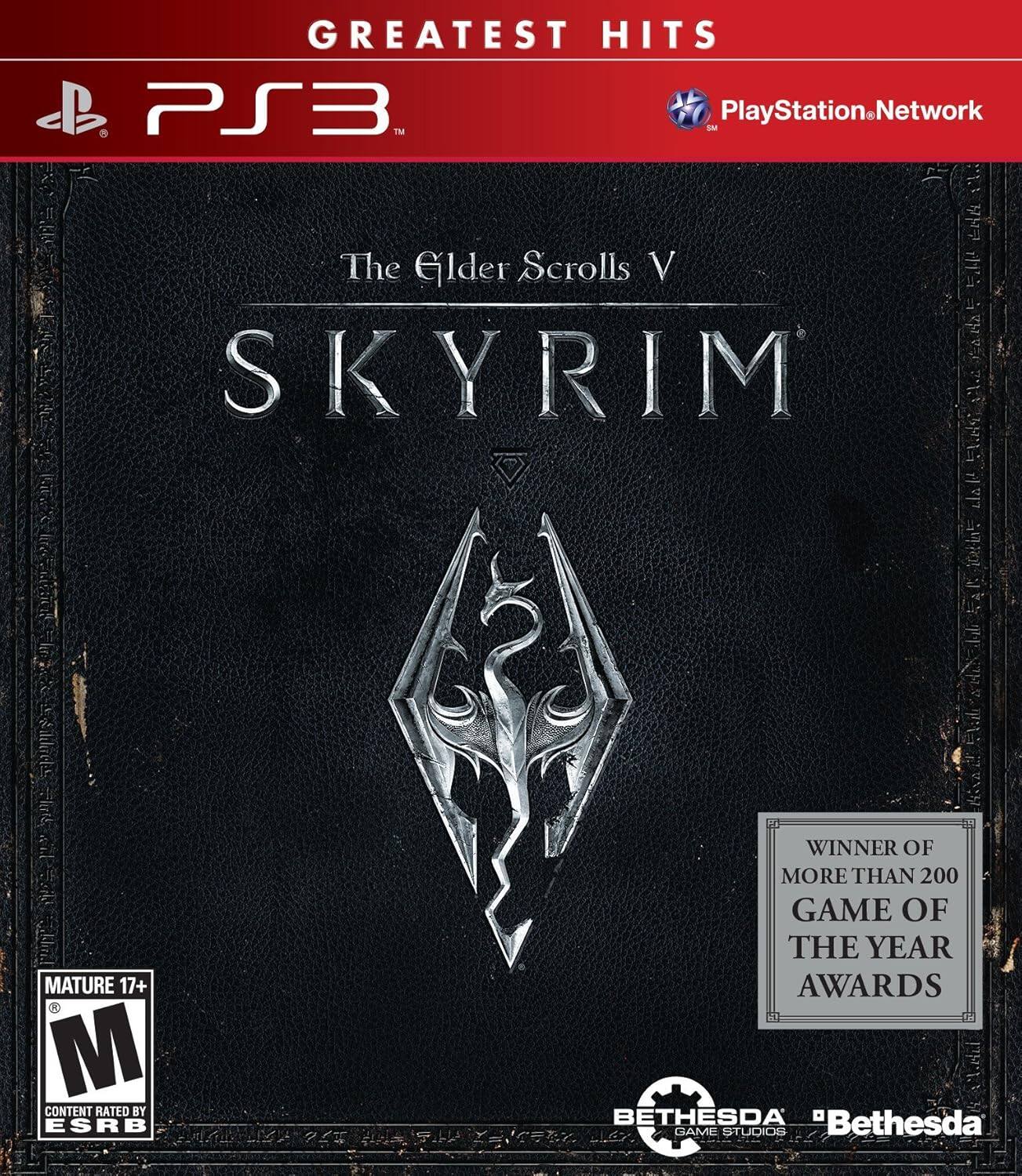 GREATEST HITS
PS3
PlayStation.Network
The Elder Scrolls V
SKYRIM
MATURE 17+
CONTENT RATED BY ESRB
WINNER OF MORE THAN 200 GAME OF THE YEAR AWARDS
BETHESDA GAME STUDIOS
"Bethesda" - M (Mature 17+)