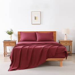 MarCielo - 3/4 Pcs Soft Solid & Embroidery Bed Sheets Set - Burgundy