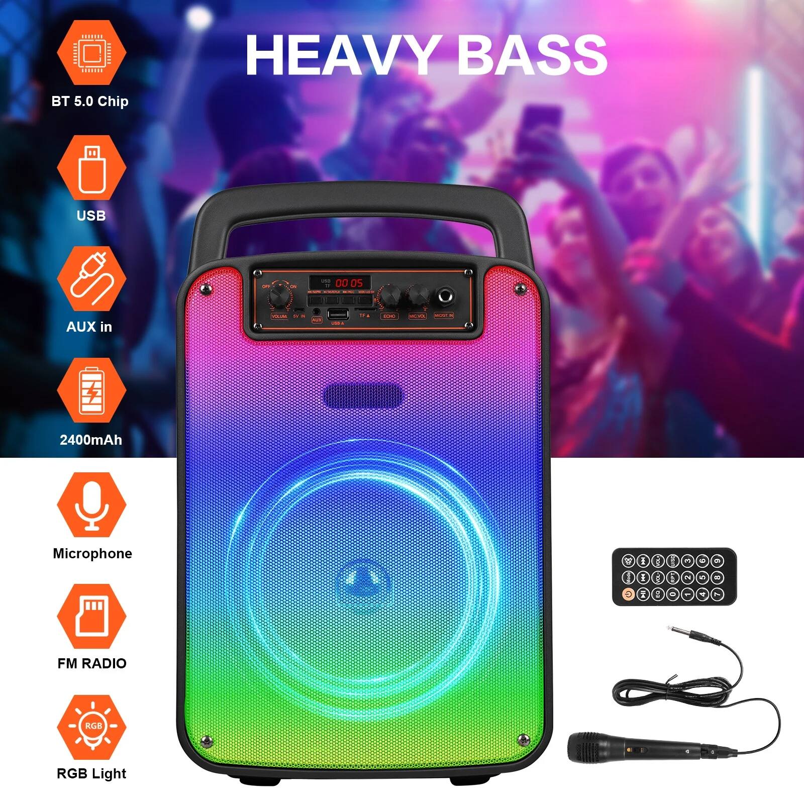 BT 5.0 Chip  
USB  
AUX in  
2400mAh  
Microphone  
FM RADIO  
RGB Light