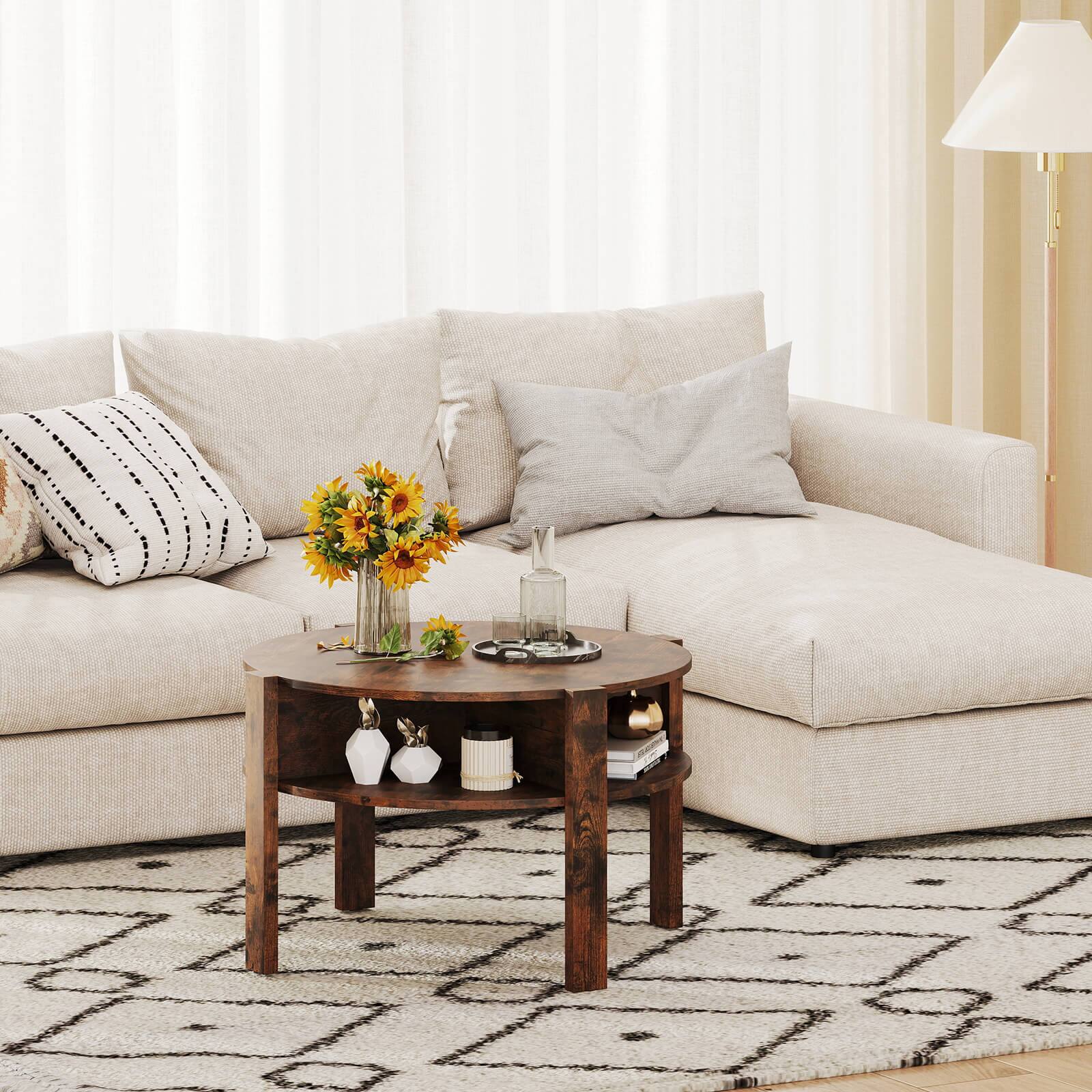 Alt View 4. Costway - Costway Round Coffee Table 29.5" Center Table with Storage Shelves for Living Room - Rustic Brown.