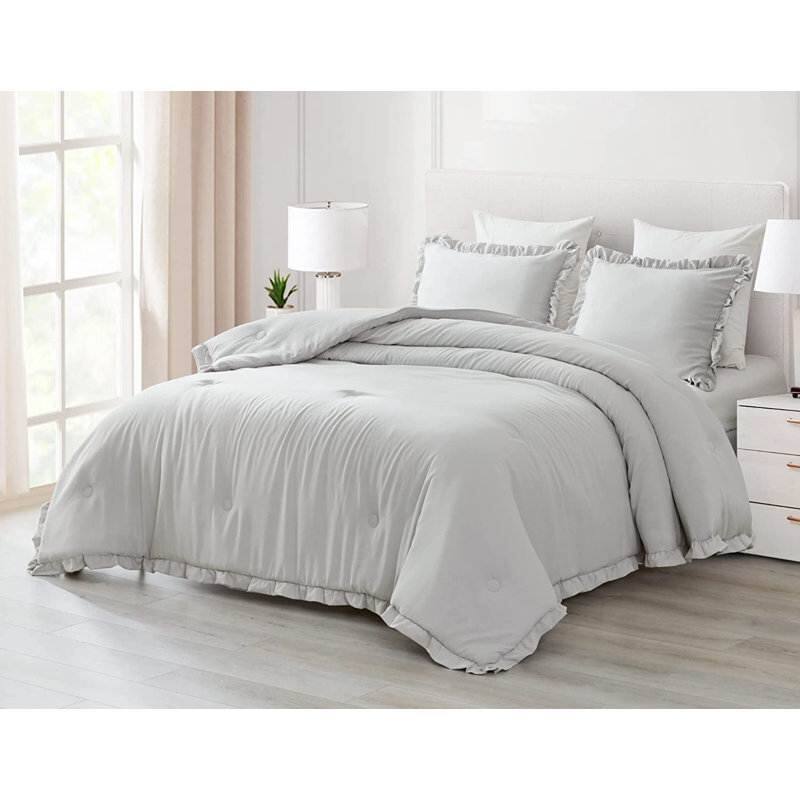 Left. Hivvago - King Oversized Grey Ruffled Edge Microfiber Comforter Set - Grey.