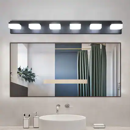Front. LUCKY ONE - 6-Light Black LED Vanity Light, Wall Mount Mirror Fixture for Bathroom Makeup Table, 36W - Black.