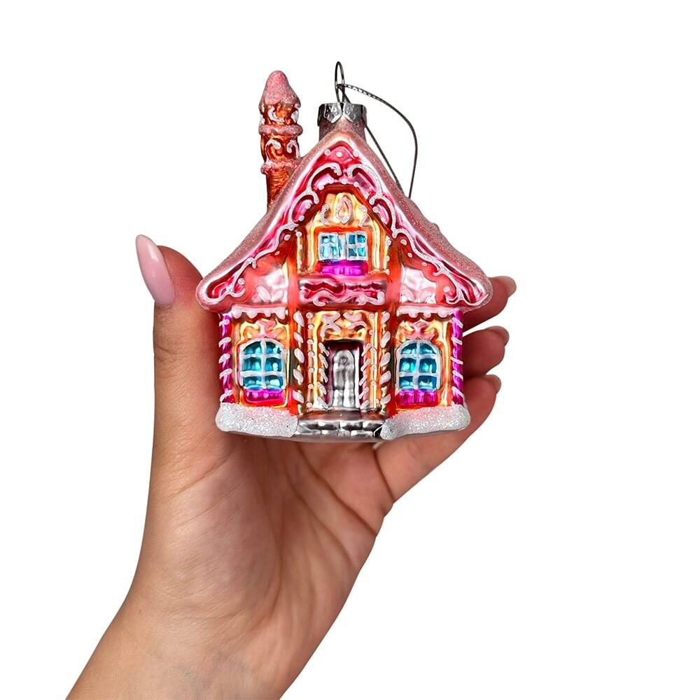 Back. OrnamentallyYou - Frosted Pink Cottage Glass Christmas Ornament Sugar Sweet Gingerbread Home Holiday Tree Decoration - Multi-colored.