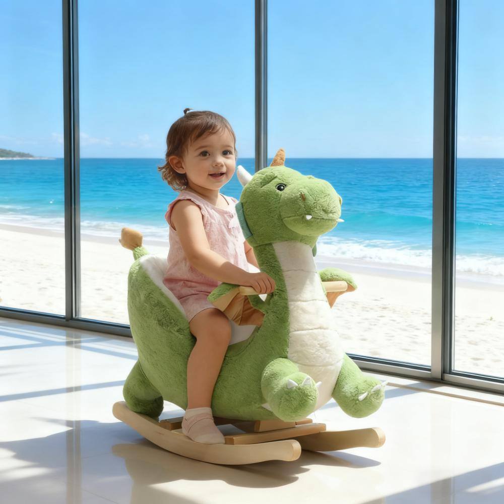Front. Siljoy - Green Plush Dragon Rocking Horse, Roaring Sounds, Safety Belt, 55 lb Capacity, for Toddlers 18‑36 Months - Green.