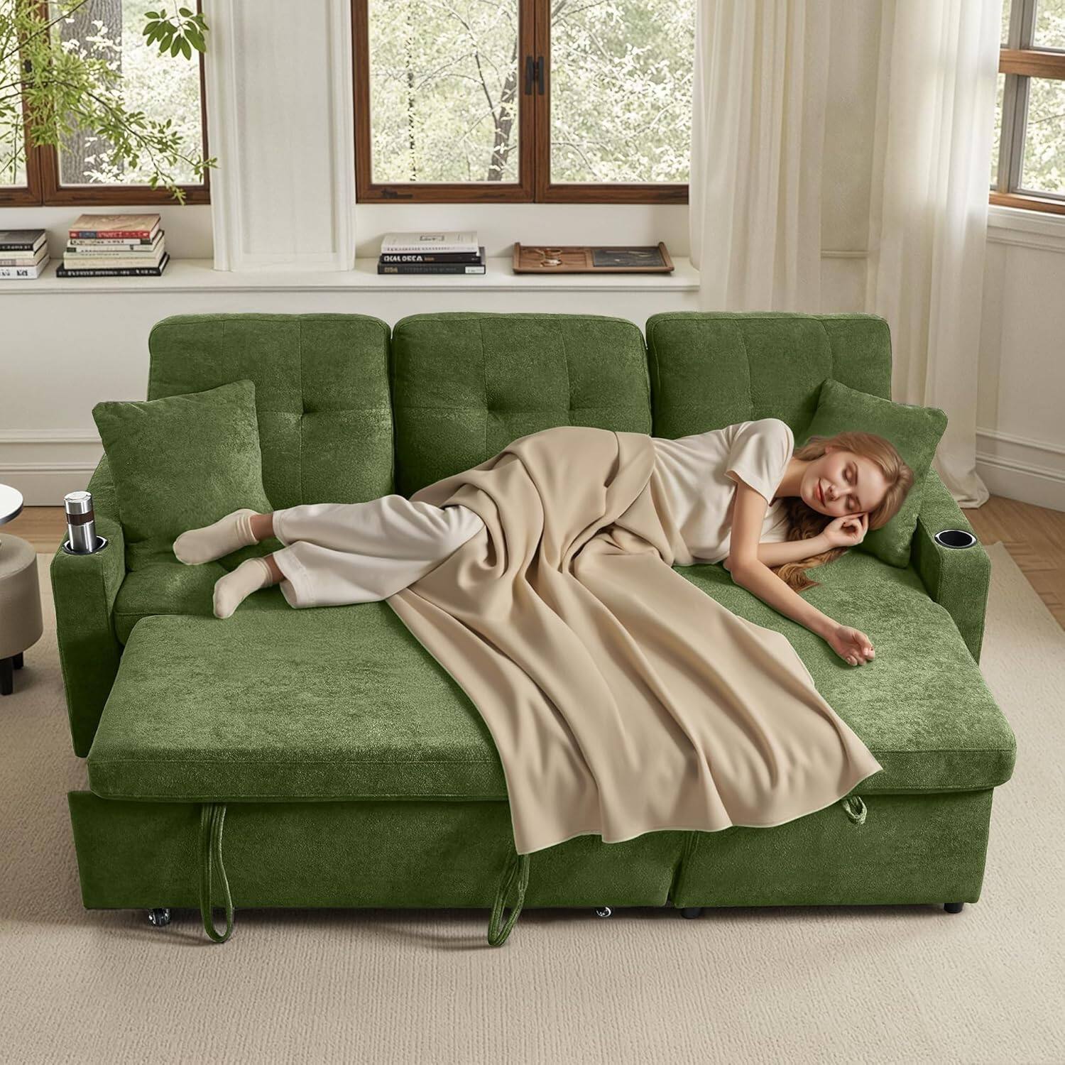 Back. Tiramisubest - Reversible Sectional Sofa,Pull Out Sleeper Sofa with Storage Chaise| USB Charge| Cup Holder| Removable Backrest,Green - Green.