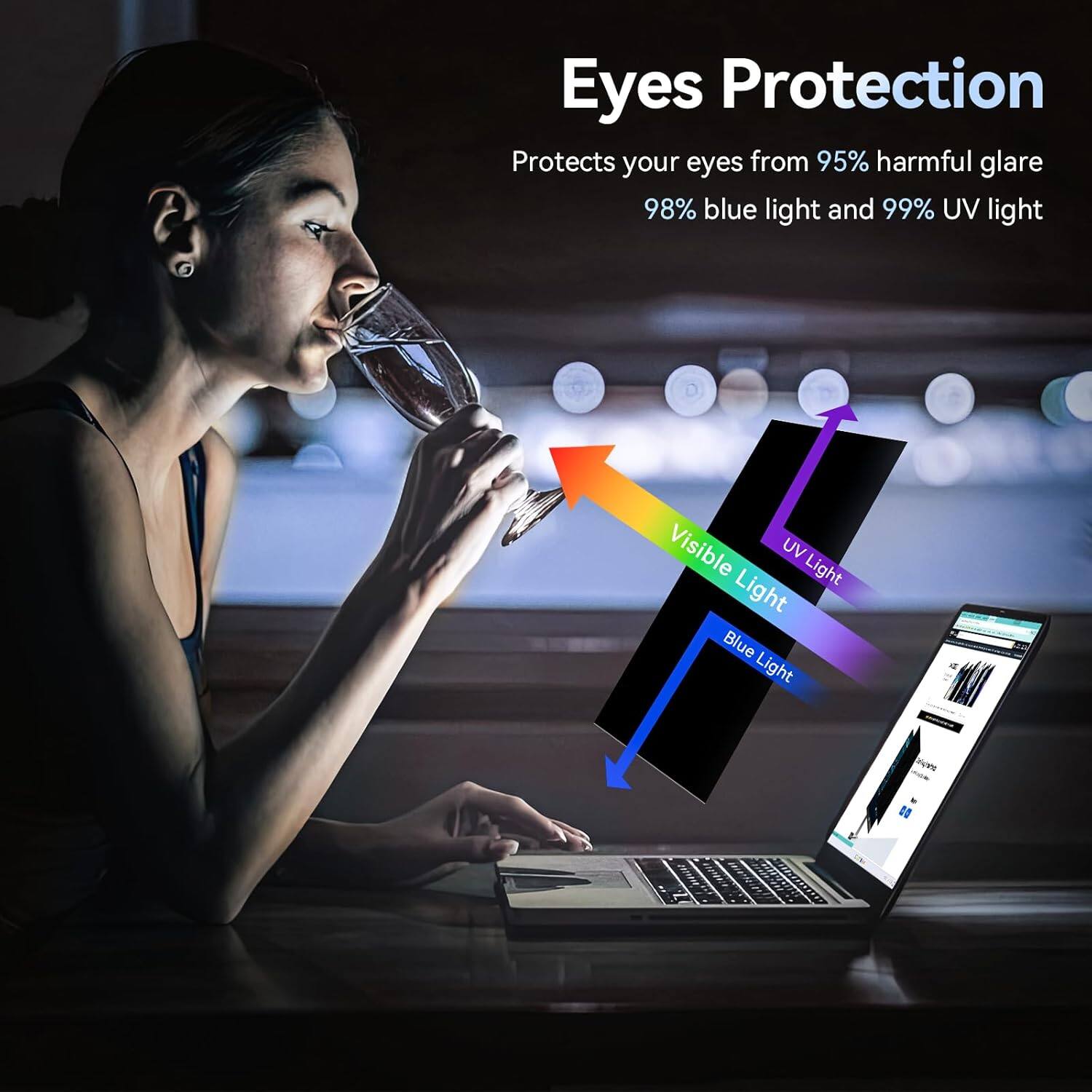 Eyes Protection  
Protects your eyes from 95% harmful glare, 98% blue light, and 99% UV light  

Visible UV Light  
Blue Light