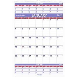 AT-A-GLANCE - 2026 15.5" x 22.75" Three-Month Wall Calendar - White/Purple