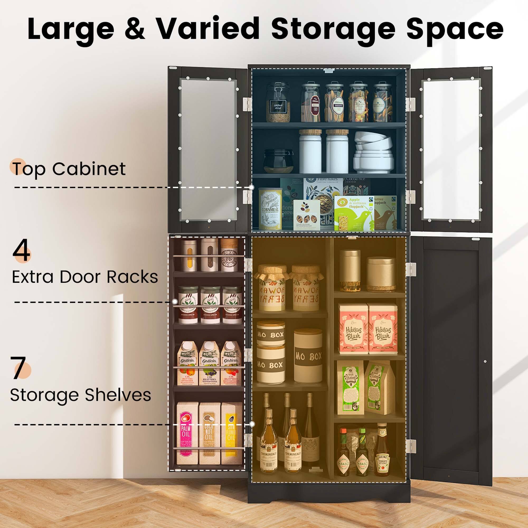 Large & Varied Storage Space

Top Cabinet:

* 4 Extra Door Racks
* 7 Storage Shelves